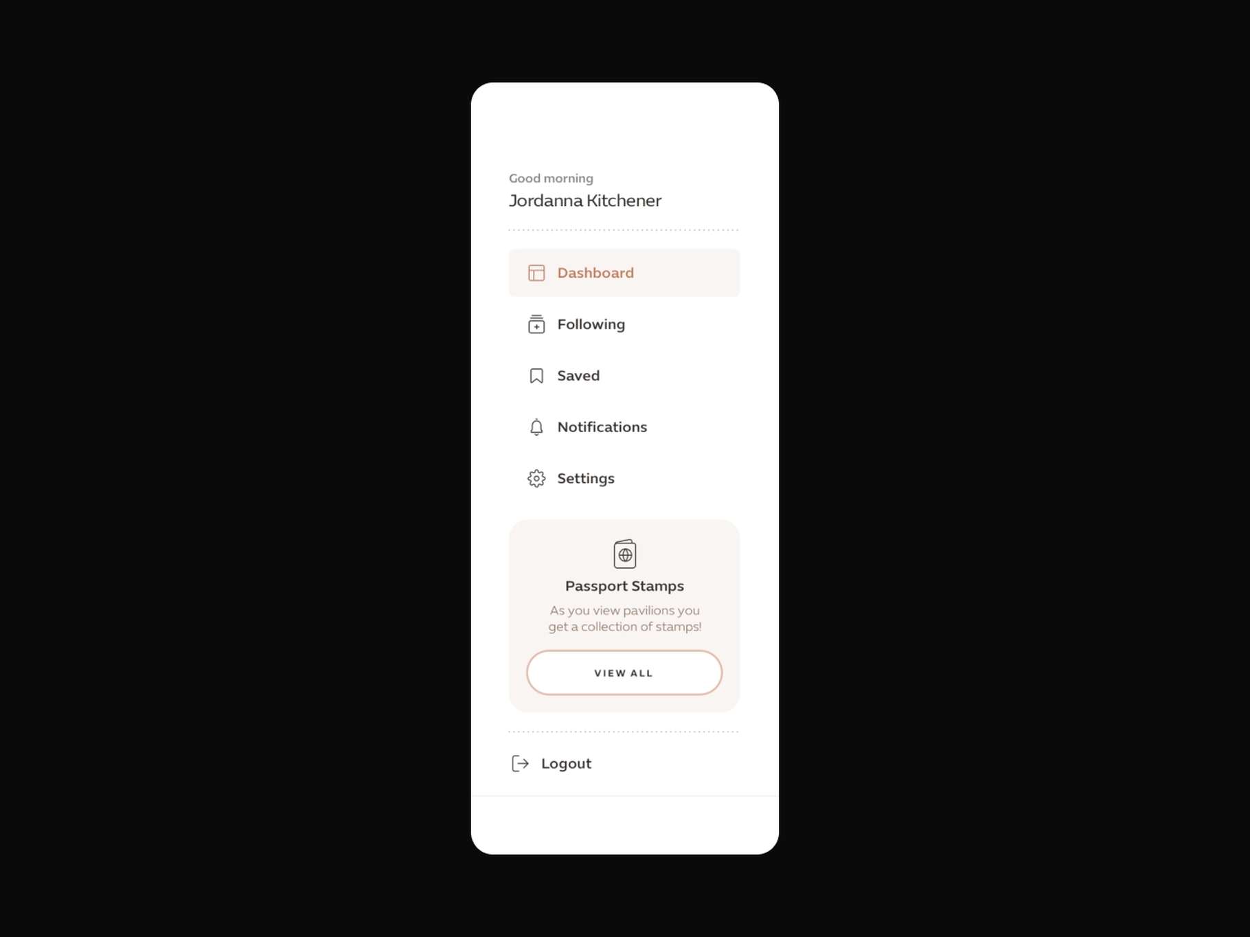 A minimalist mobile sidebar or profile navigation tray wireframe emphasizing text hierarchy, uniform line icons, and a distinct promotional call-out box.