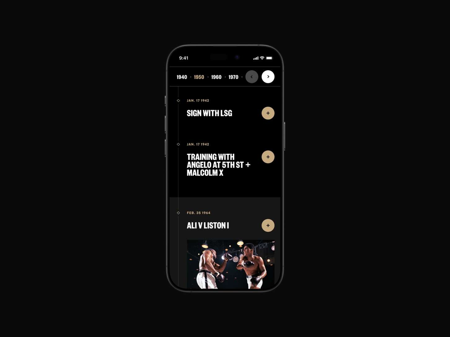 UI screen showcasing an interactive mobile archive timeline with clean grid dividers and golden accent highlights on a dark grey background.