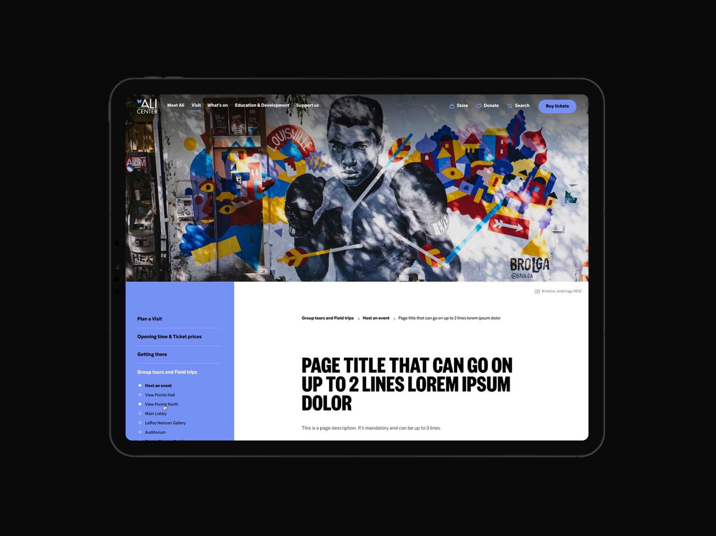 Interior page template design showcasing a structured left-hand navigation list, a vibrant street art banner image, and a clean minimalist typographic hierarchy.