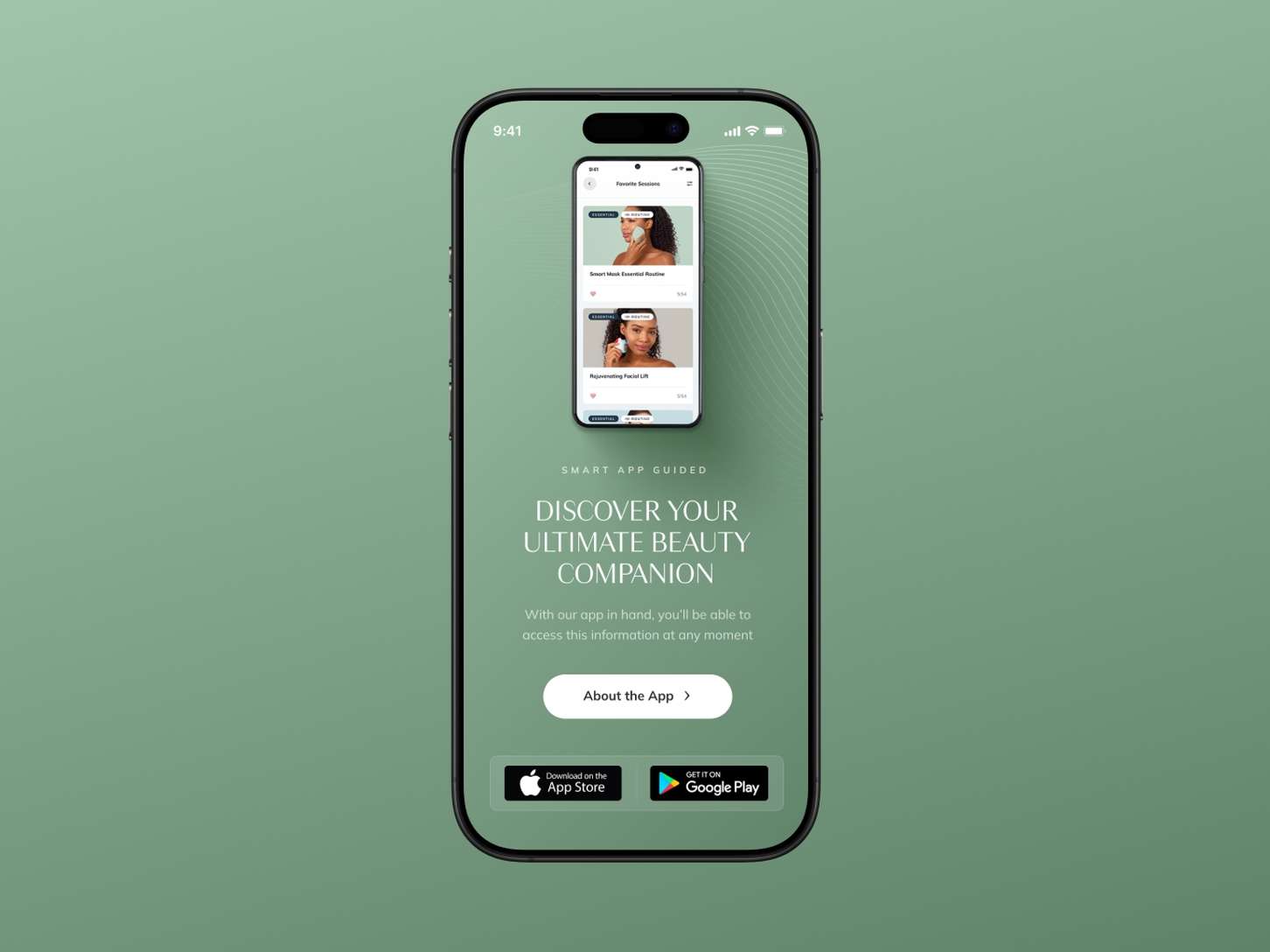 A marketing mobile interface layout designed to promote a companion app, featuring a floating app preview card, clean typography, and App Store and Google Play badges.