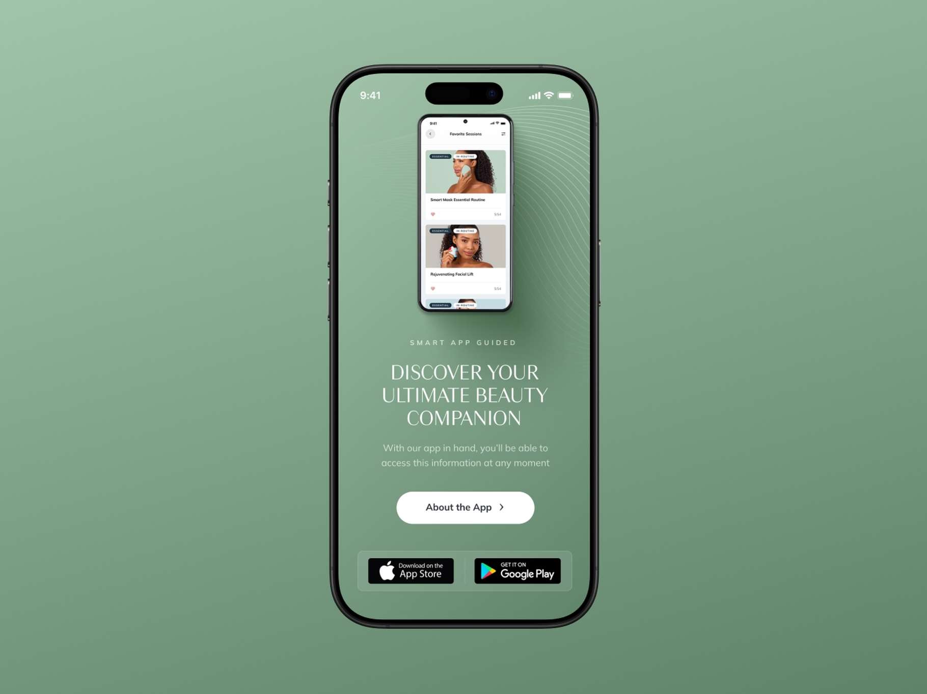 A marketing mobile interface layout designed to promote a companion app, featuring a floating app preview card, clean typography, and App Store and Google Play badges.