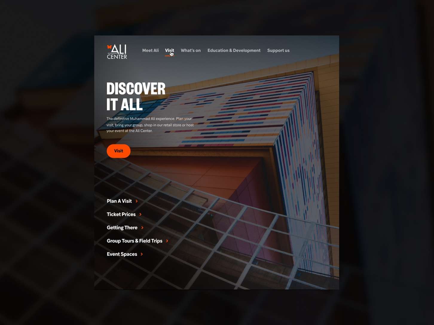 Navigation overlay interface design mockup featuring an open dropdown menu with high-contrast text and bright orange accents over a moody architectural background.