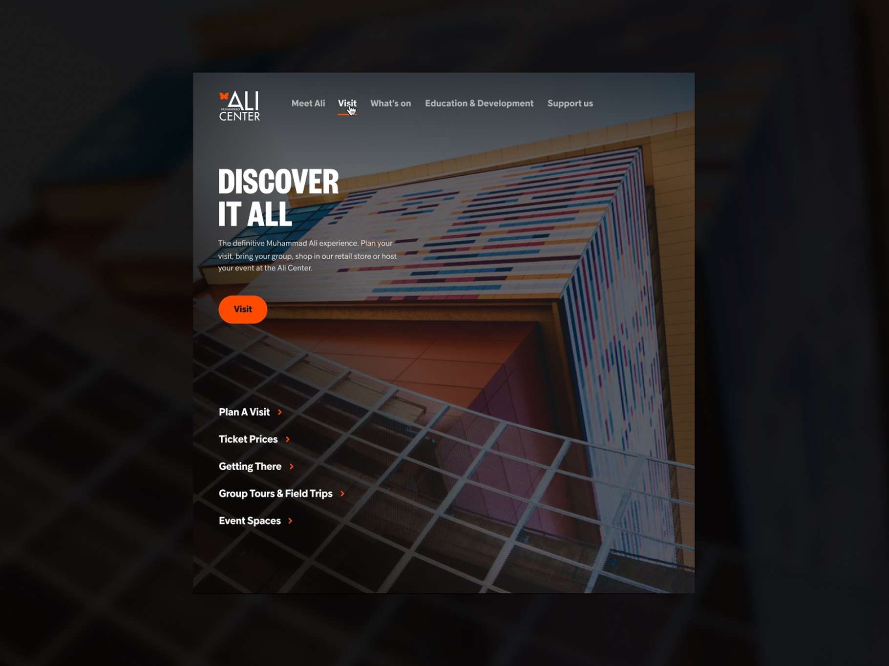 Navigation overlay interface design mockup featuring an open dropdown menu with high-contrast text and bright orange accents over a moody architectural background.