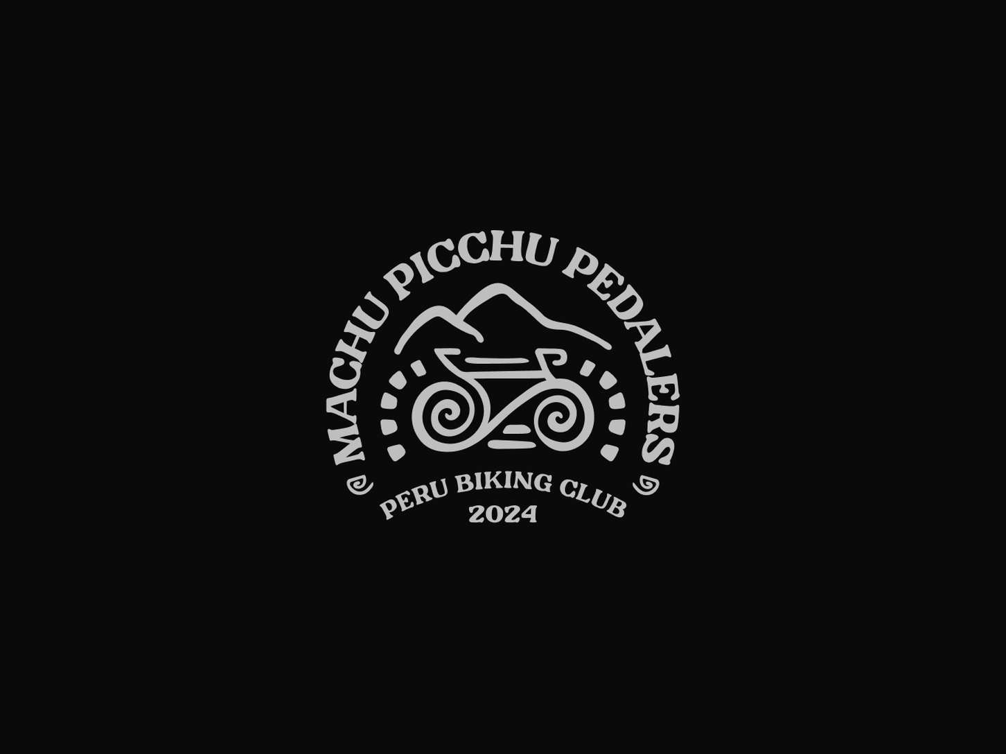 Round vector line-art badge layout detailing an outdoor cycling club emblem with curved typography and geometric mountain landscape elements.