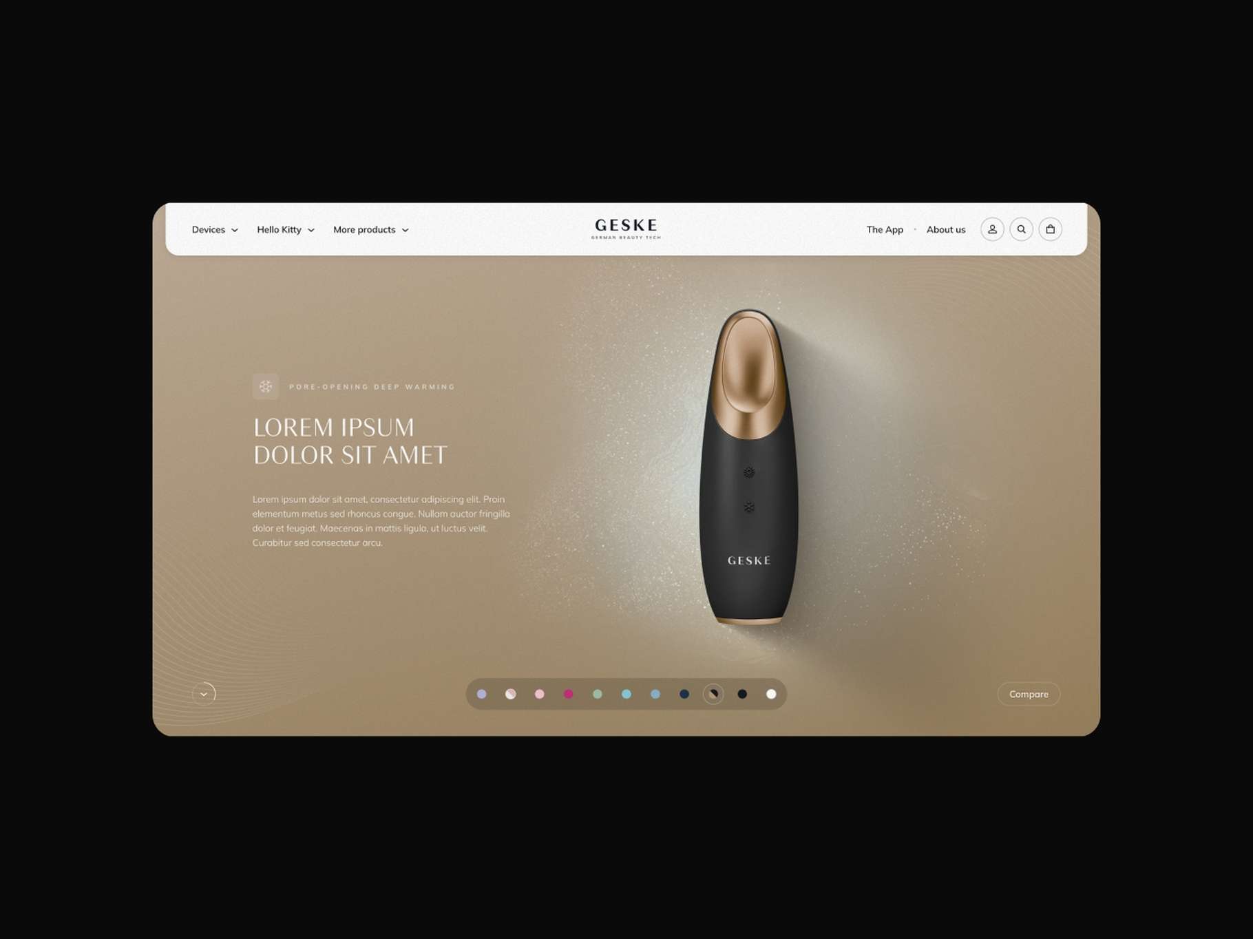 A luxury beauty tech website mockup featuring a black and gold facial wand tool centered on a textured champagne-gold background with a responsive bottom menu bar.