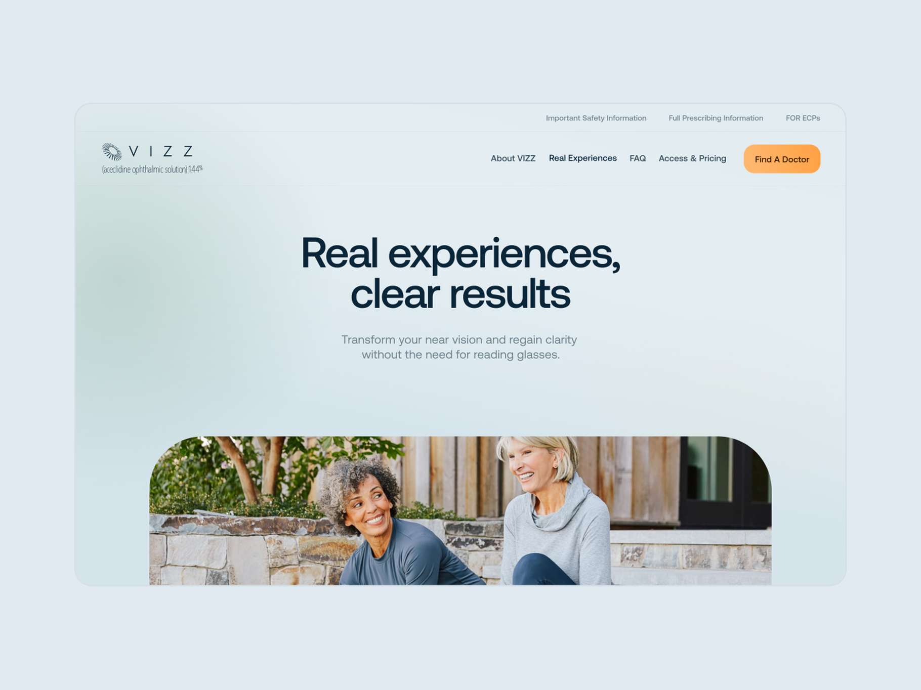 Web page UI interface for the VIZZ ophthalmic brand website. The layout emphasizes user testimonials with the headline "Real experiences, clear results" and showcases relatable lifestyle photography of mature women interacting happily in an outdoor setting.
