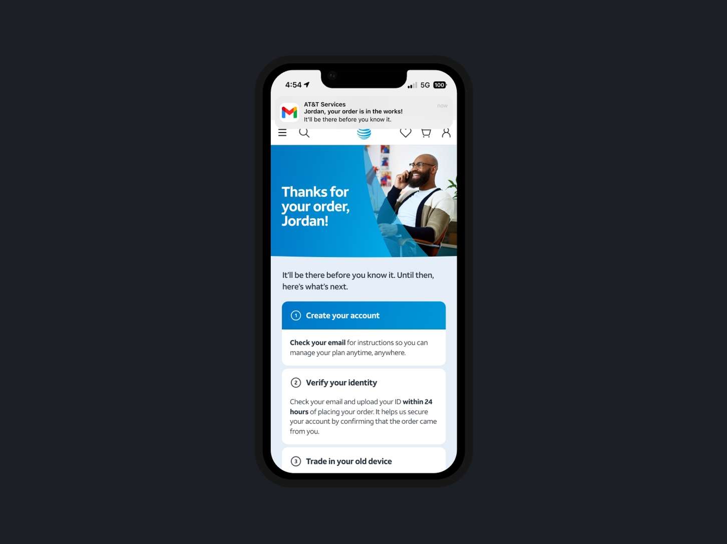 Mobile UI design for a post-purchase confirmation screen featuring an integrated system push notification, customer onboarding checklist, and modern editorial header.