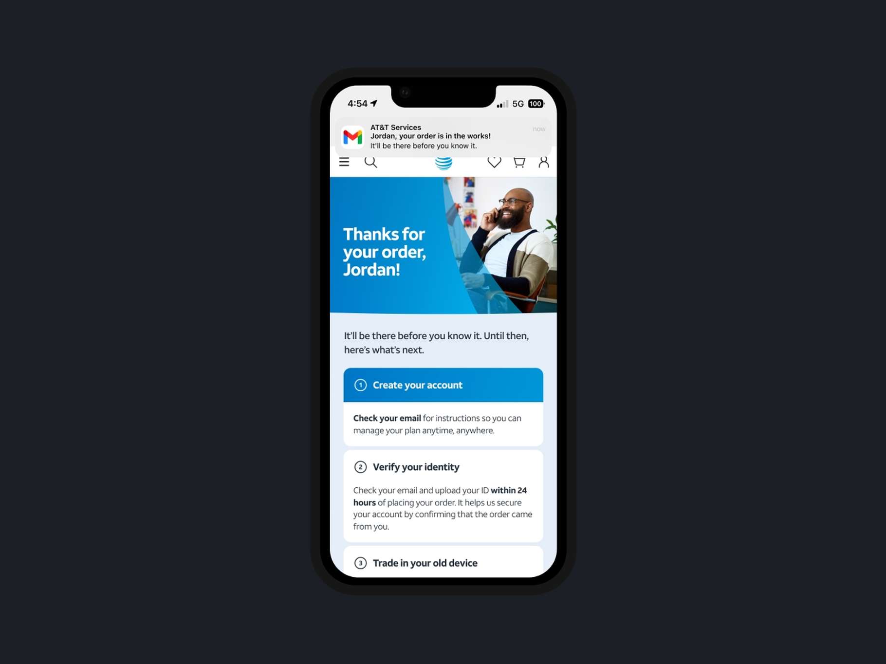 Mobile UI design for a post-purchase confirmation screen featuring an integrated system push notification, customer onboarding checklist, and modern editorial header.