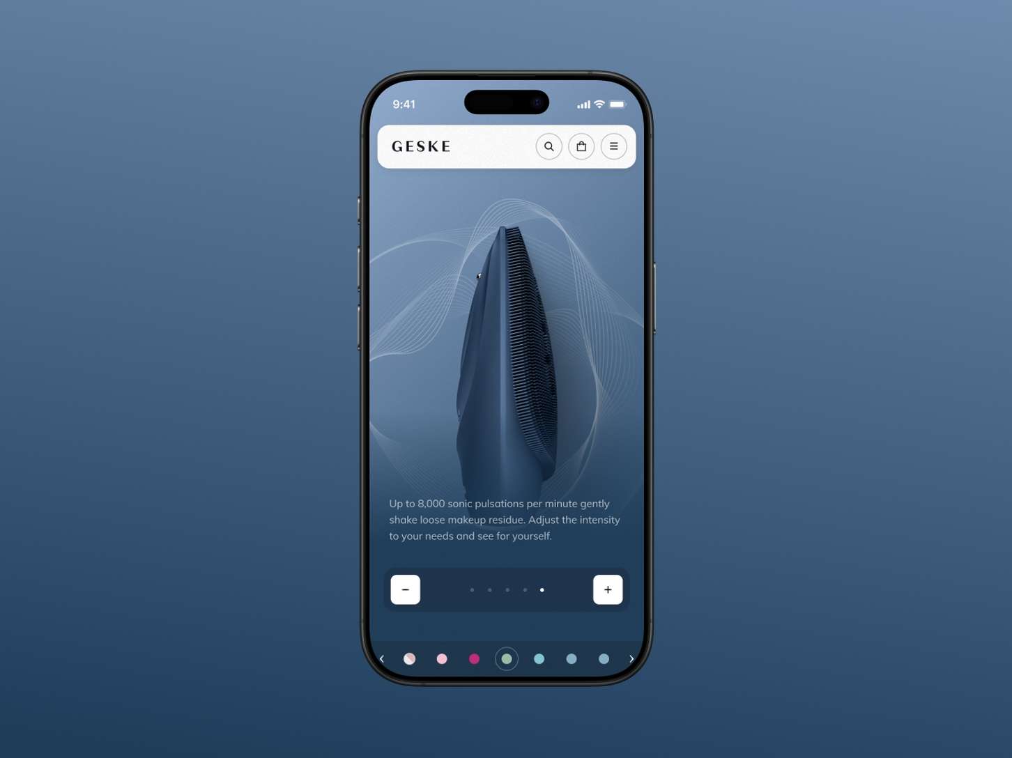 A mobile application interface highlighting a skincare tool's side-profile design with integrated intensity control buttons and an e-commerce color selector at the bottom.