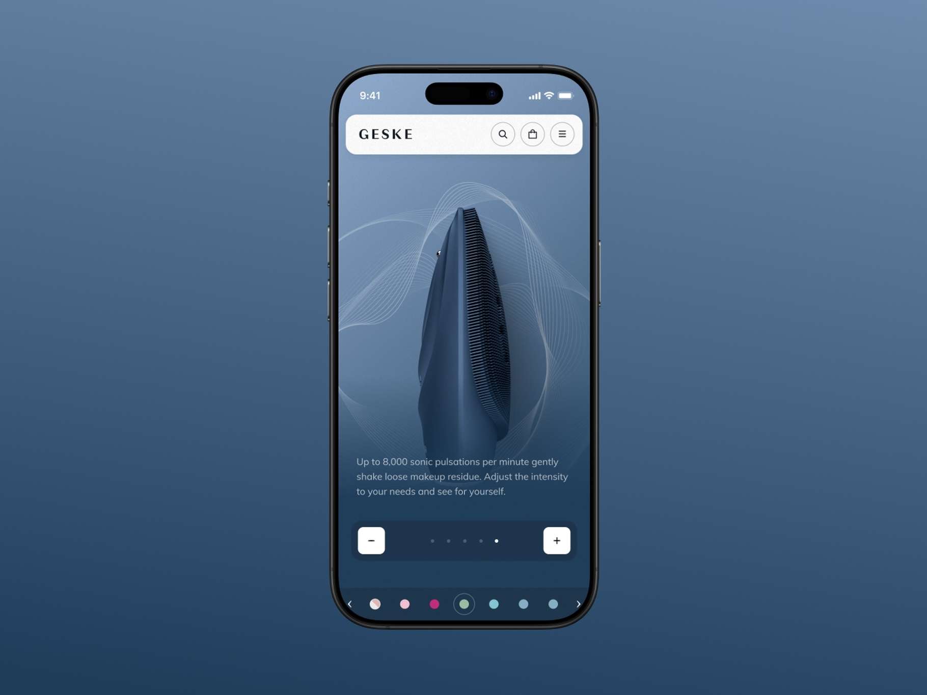A mobile application interface highlighting a skincare tool's side-profile design with integrated intensity control buttons and an e-commerce color selector at the bottom.