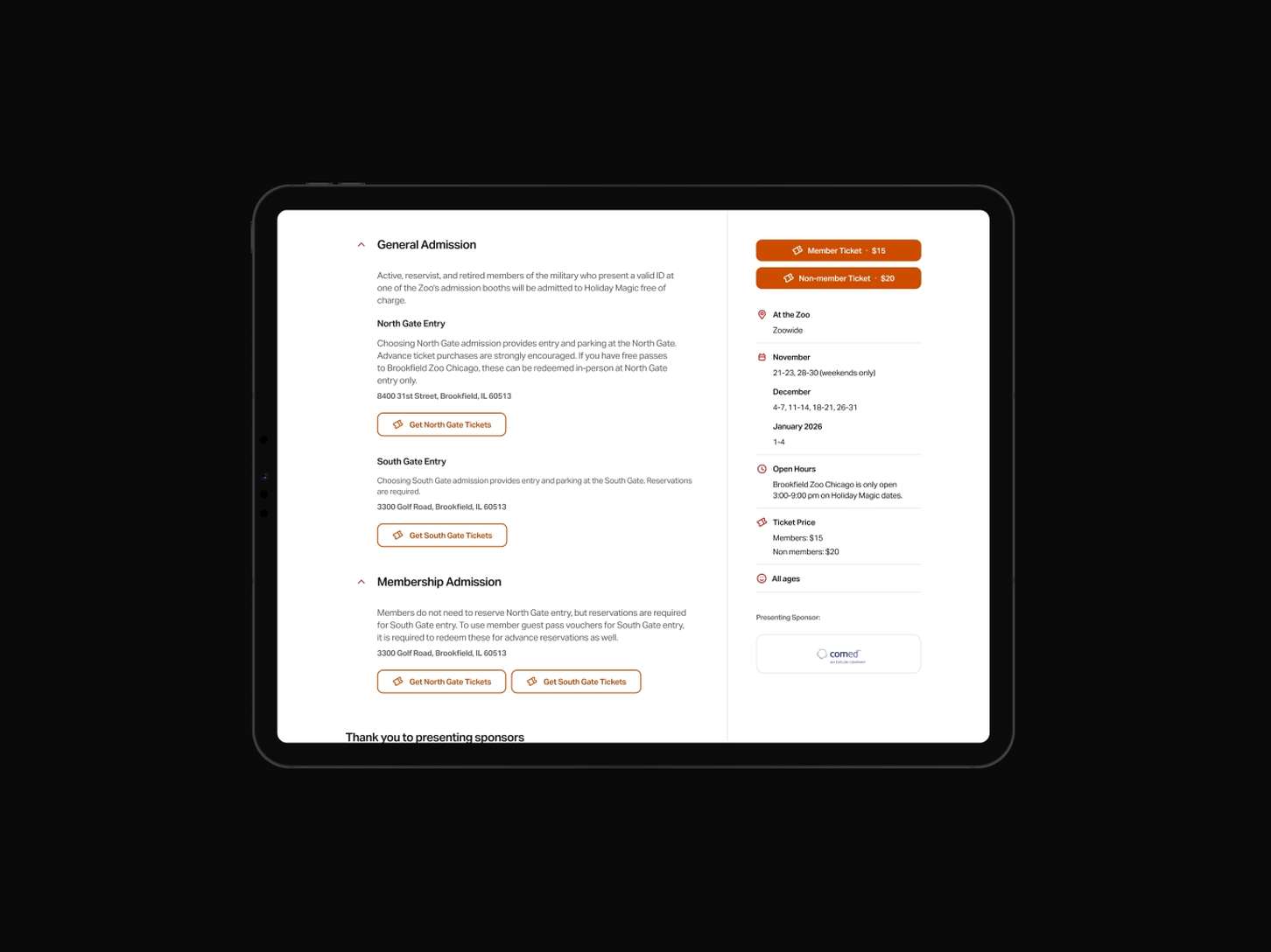 Digital tablet interface mockup layout displaying logistical information, scheduling blocks, and direct ticketing call-to-action buttons for an institutional organization website.