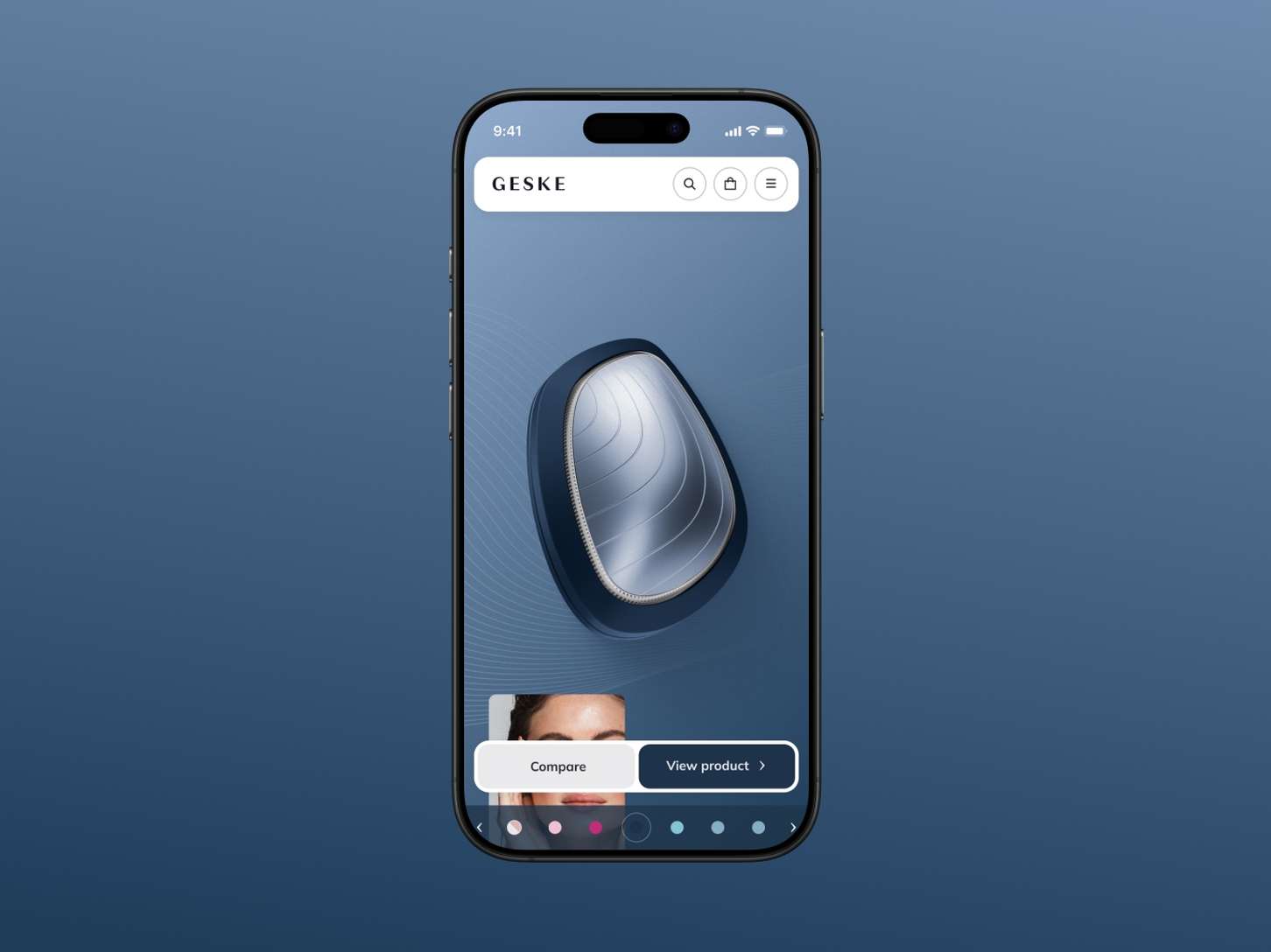 A mobile application UI layout showcasing a metallic silver beauty accessory on a clean blue background with a quick-action product navigation overlay.