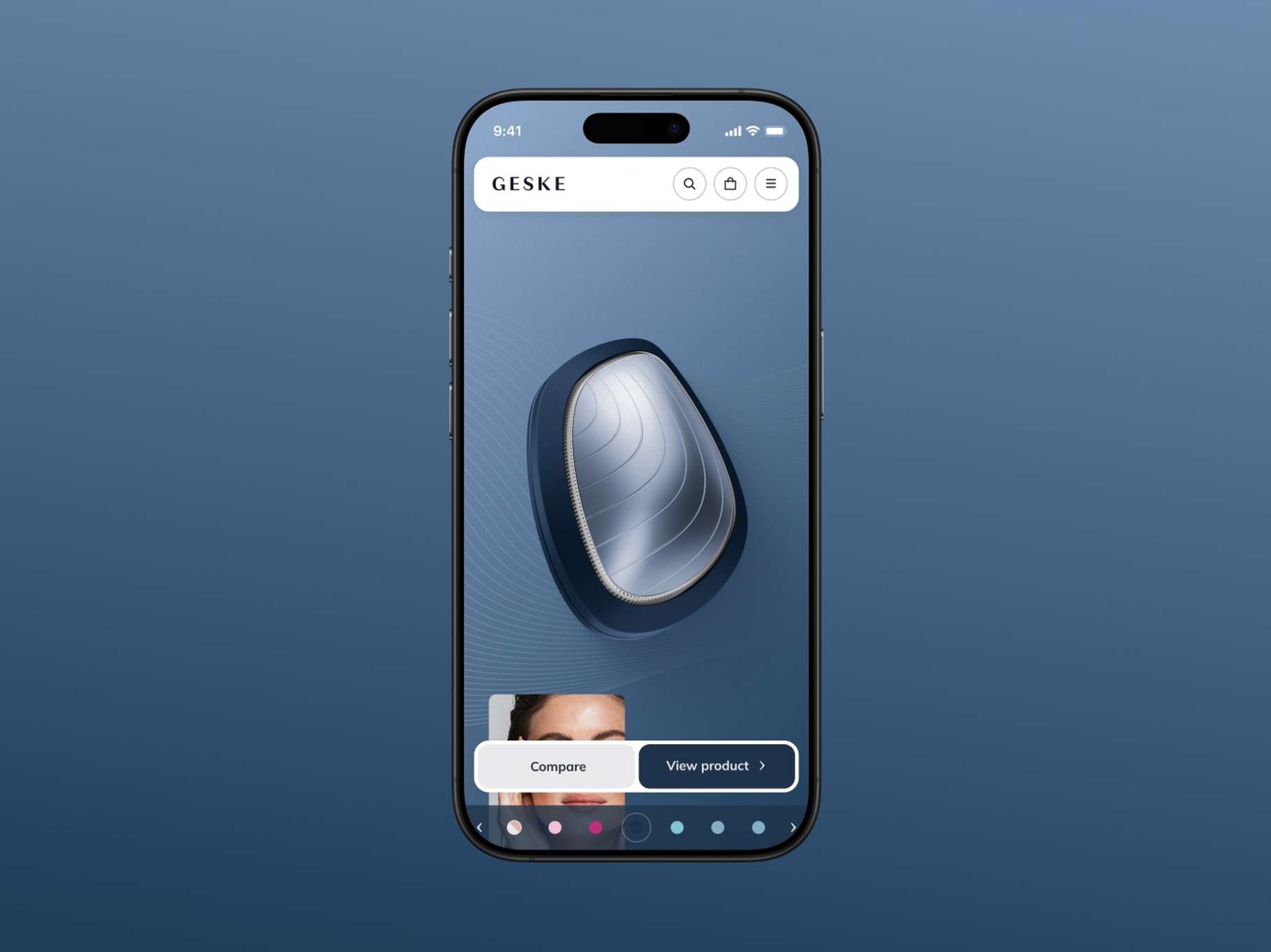 A mobile application UI layout showcasing a metallic silver beauty accessory on a clean blue background with a quick-action product navigation overlay.
