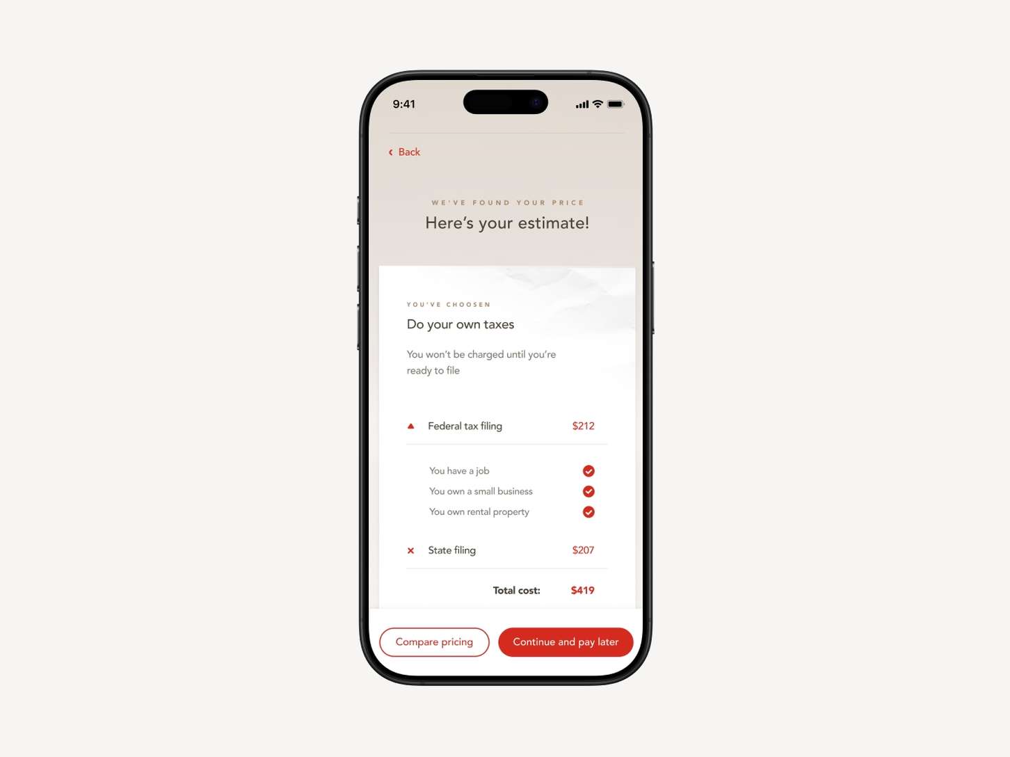 A mobile billing dashboard UI screen featuring a clear line-item cost breakdown, total calculation display, and checkout button.