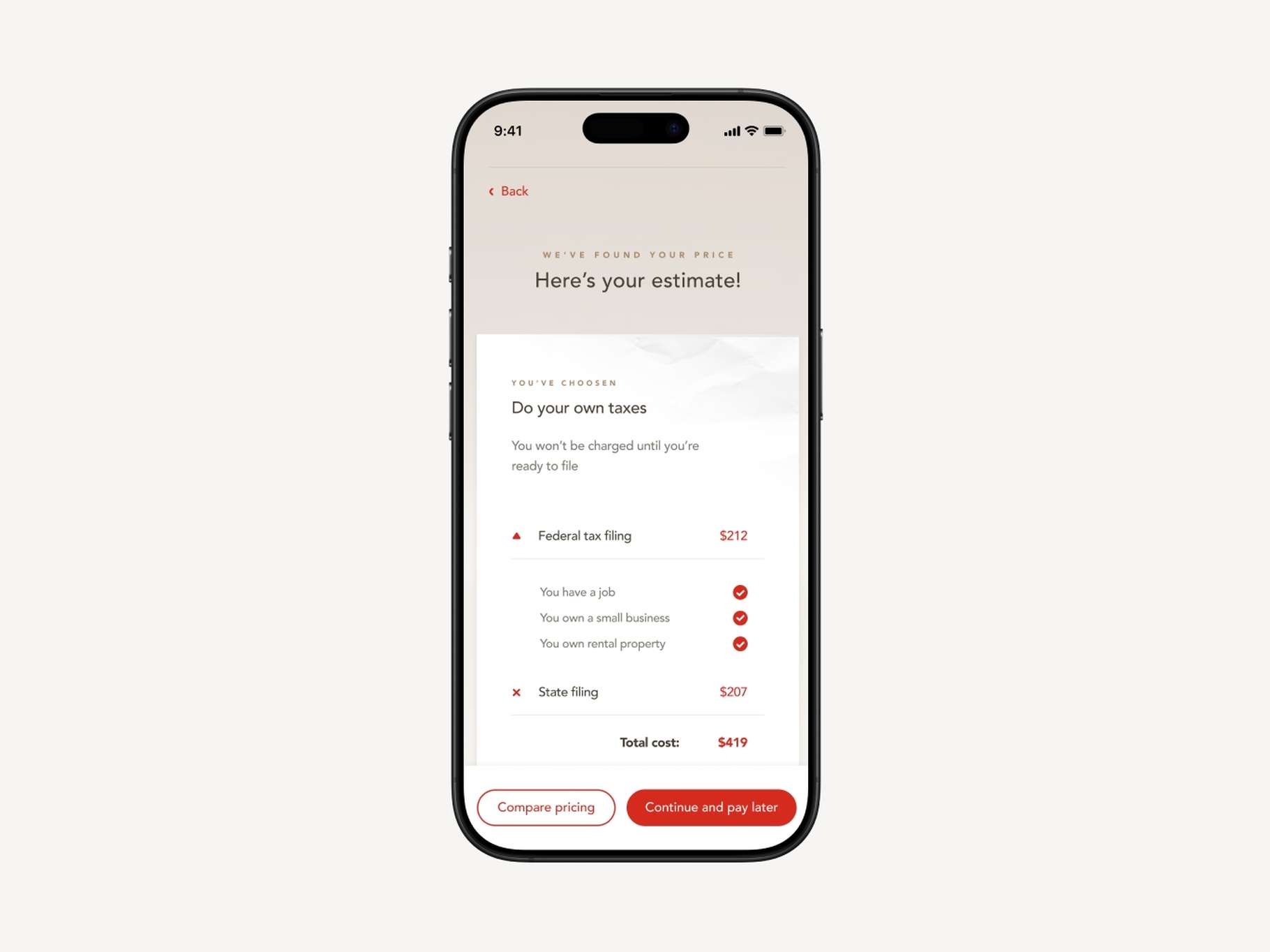 A mobile billing dashboard UI screen featuring a clear line-item cost breakdown, total calculation display, and checkout button.