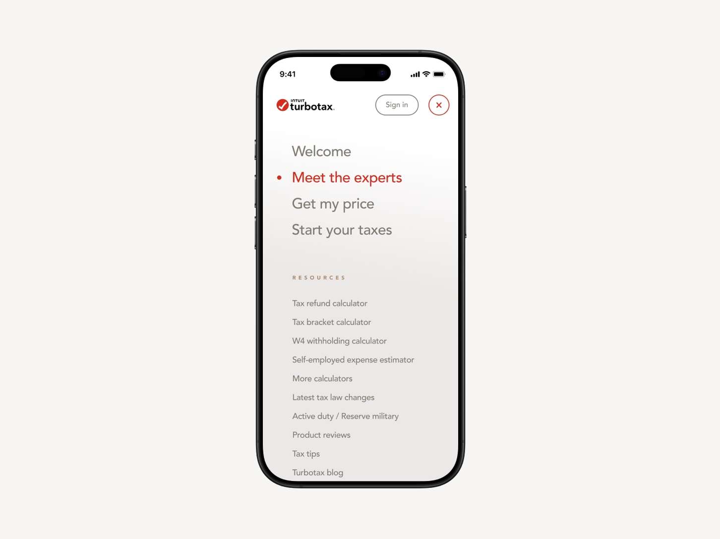 Mobile application user interface design for a full-screen drawer menu displaying clean typographic line listings and a close button.