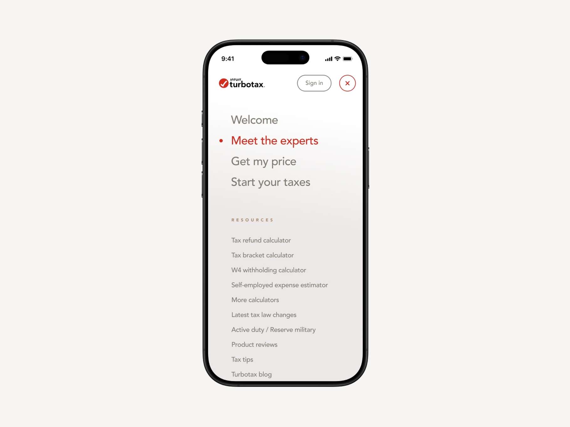 Mobile application user interface design for a full-screen drawer menu displaying clean typographic line listings and a close button.