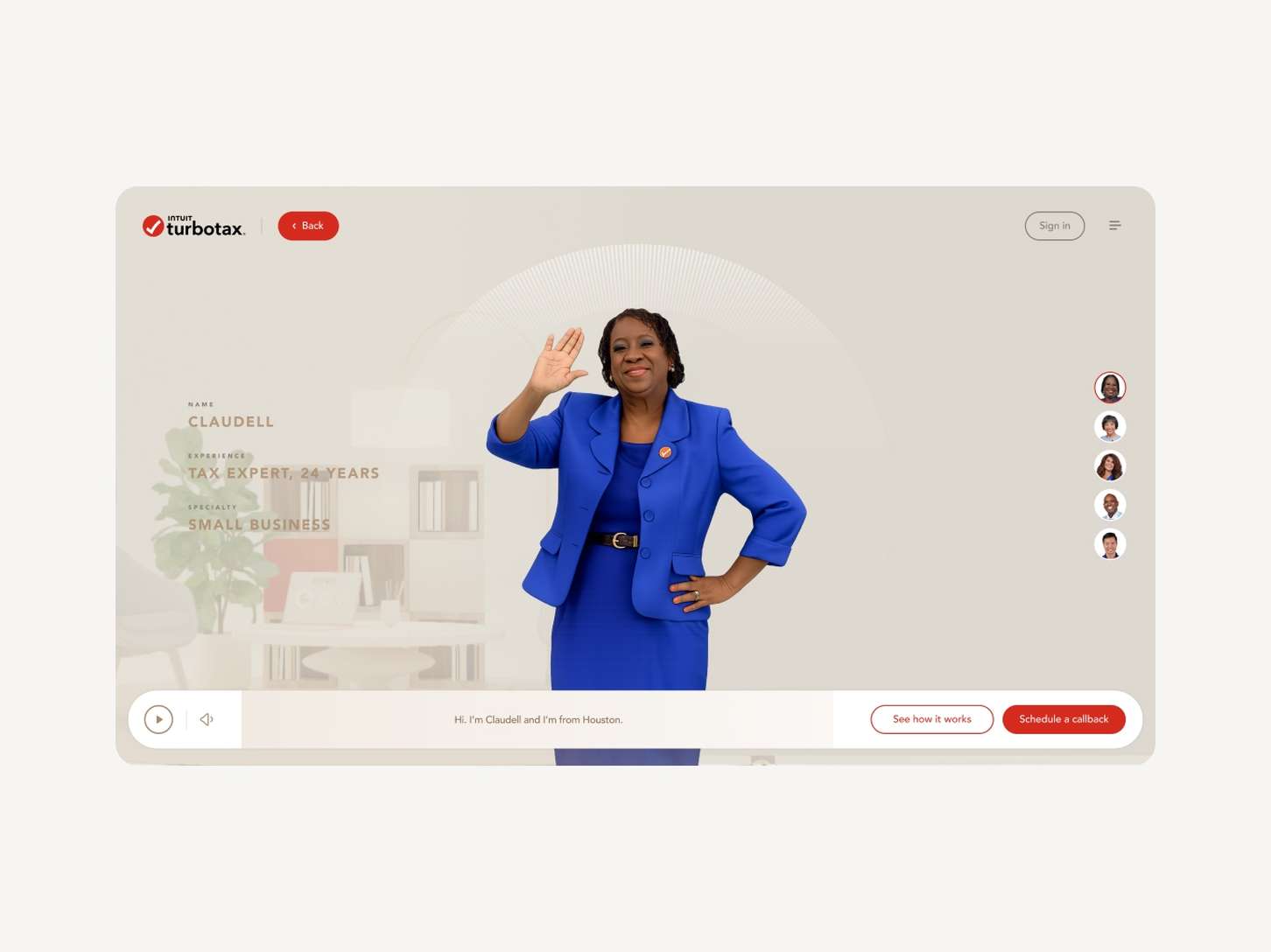 An expert profile landing page design highlighting professional credentials, biography text summaries, and direct call-to-action buttons.