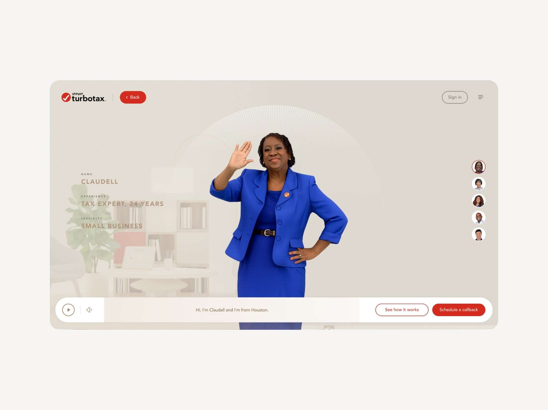An expert profile landing page design highlighting professional credentials, biography text summaries, and direct call-to-action buttons.