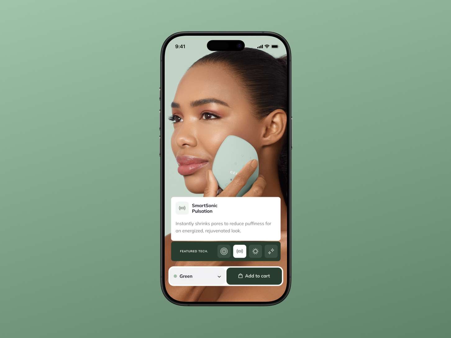 A responsive mobile e-commerce interface featuring a lifestyle beauty photograph optimized with overlapping functional info cards and a product purchasing bar.