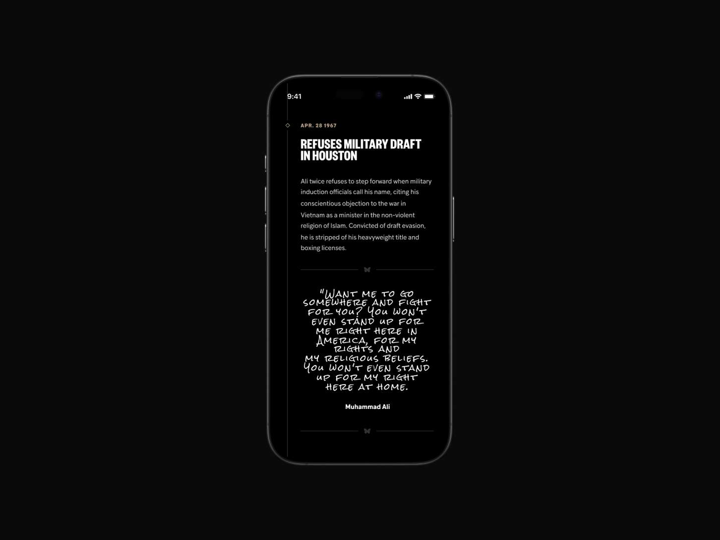 Clean dark-mode smartphone layout template pairing structured editorial body text with a high-contrast illustrative quote block.