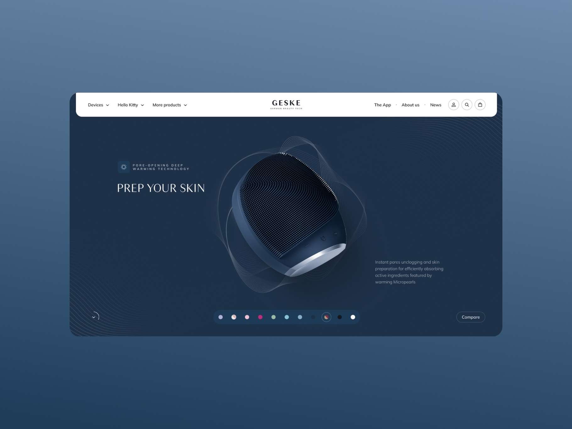 A deep blue e-commerce website interface displaying a silicone facial brush device with subtle typographic highlights, concentric line patterns, and an integrated horizontal color picker menu.