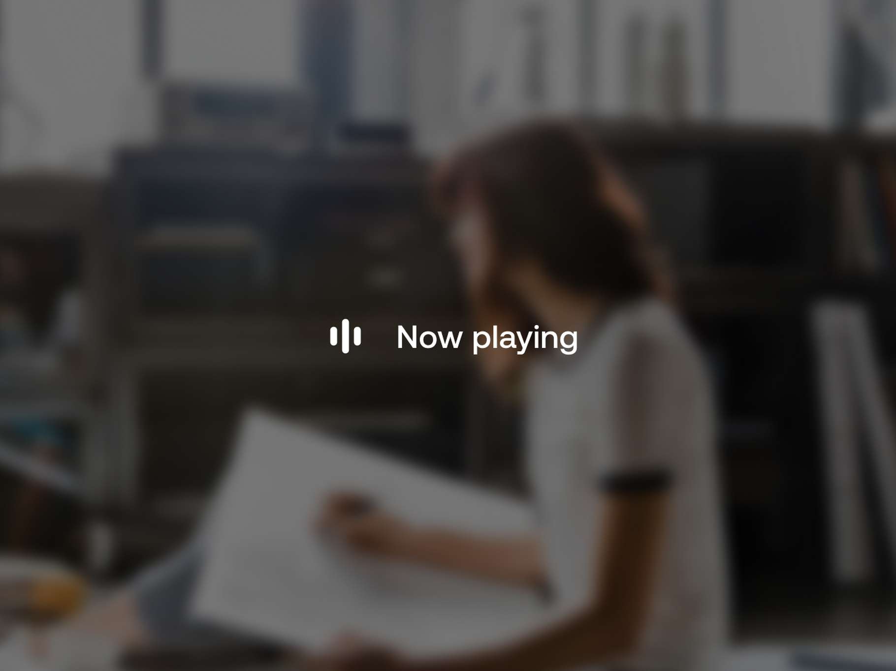 A minimalist interface design mockup showcasing an active "Now playing" status screen, featuring clean white typography, a simple soundwave icon, and a dark blurred background scene.