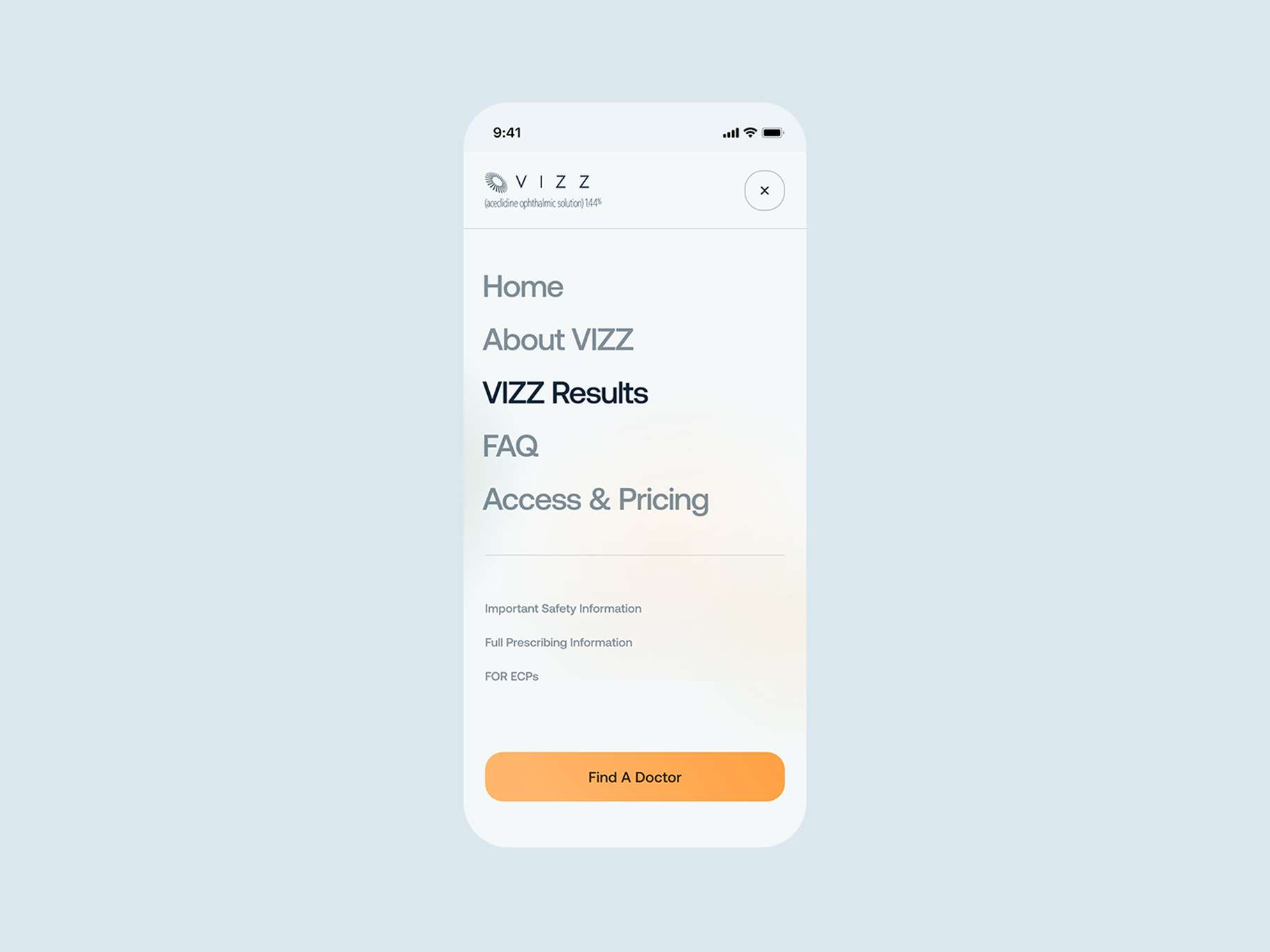 Web menu layout interface mockup for the VIZZ mobile site. The responsive overlay navigation lists main pages including "VIZZ Results" in bold, along with direct footer links for important safety and prescribing information.