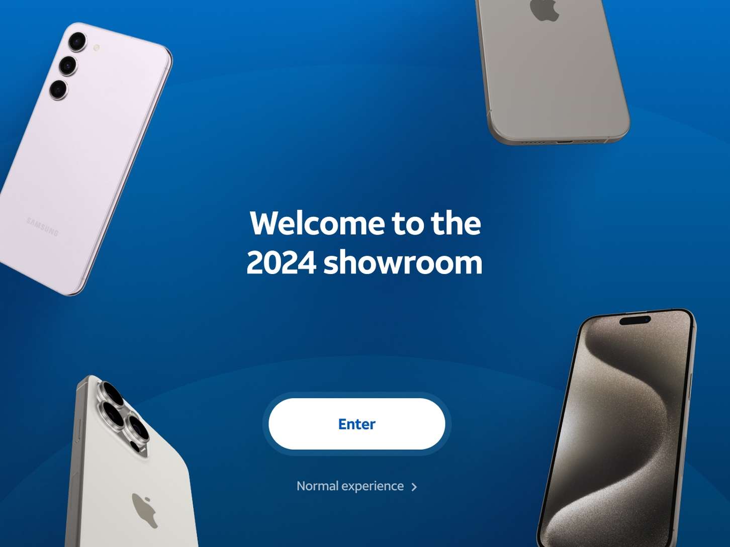 A digital splash page user interface design featuring floating tech product photography and a central call-to-action button.
