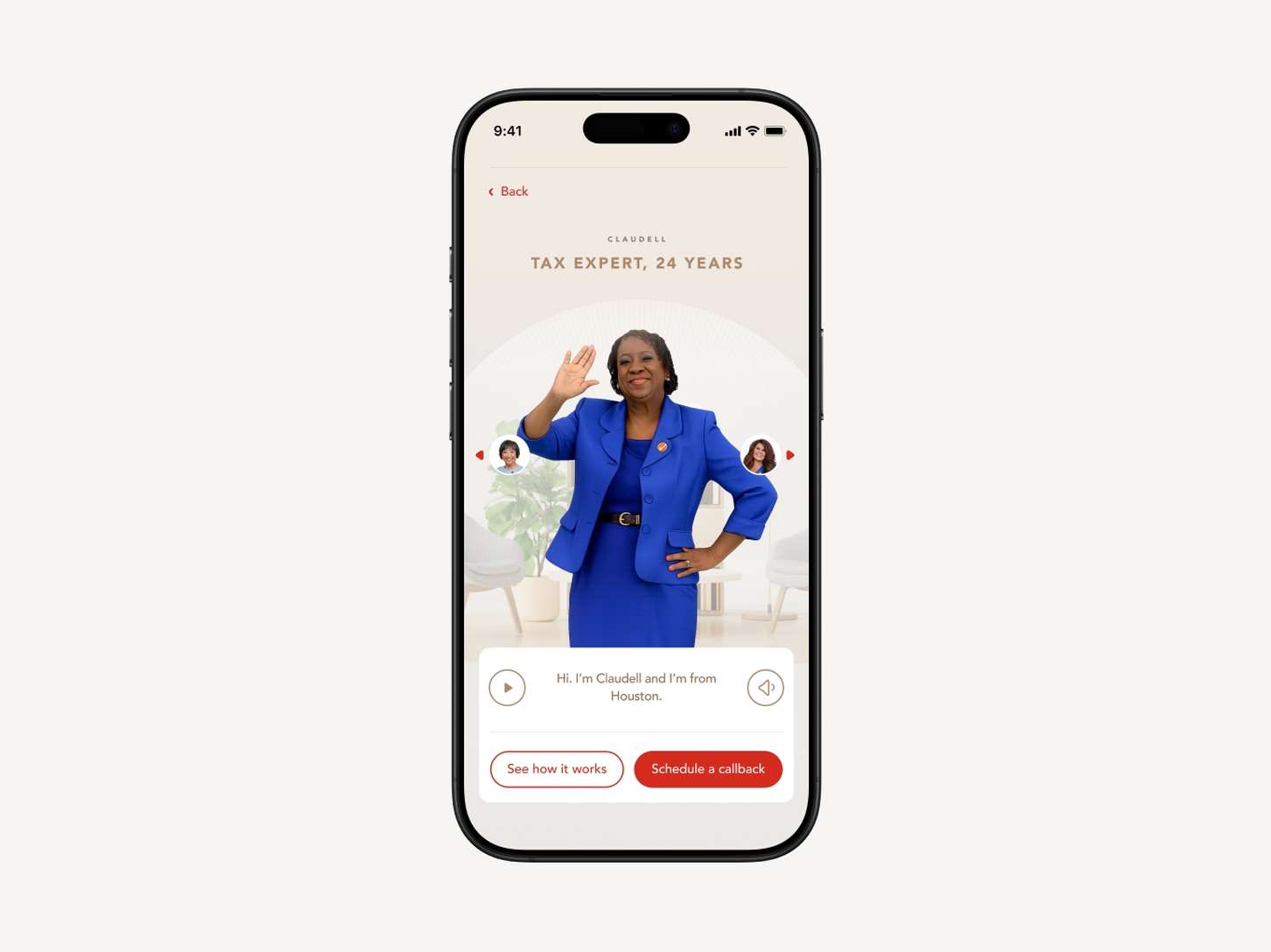 Mobile app screen wireframe for an expert bio card, featuring floating avatar quick-links, video script subtitles, and primary action buttons.