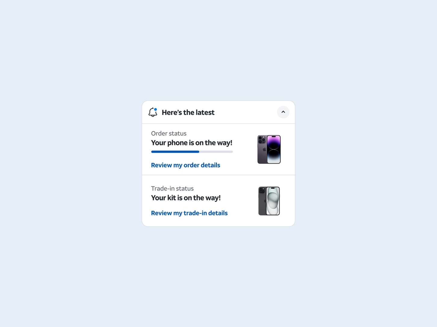 A clean customer service status component displaying shipment tracking bars and item status updates within a toggle container box.