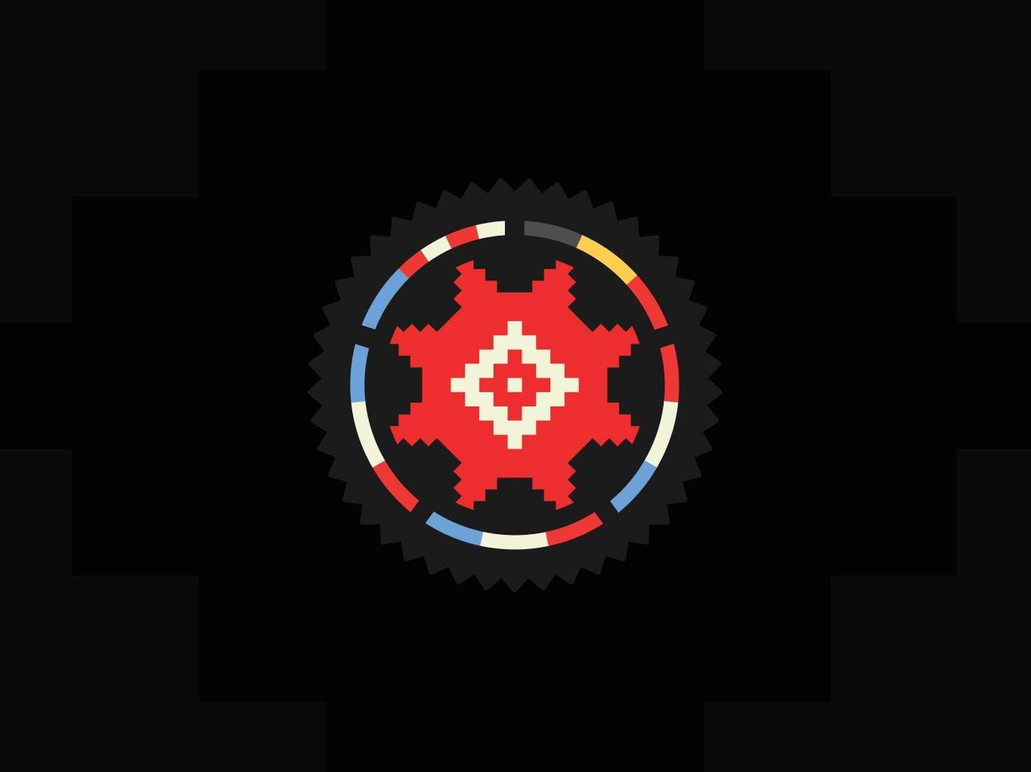 Vibrant geometric, pixel-art style emblem centered on a black background. The circular design features a jagged, saw-toothed outer ring enclosing a bright red multi-pointed shape with a white diamond pattern at its core, framed by an outer ring border divided into blue, red, cream, and yellow segments.