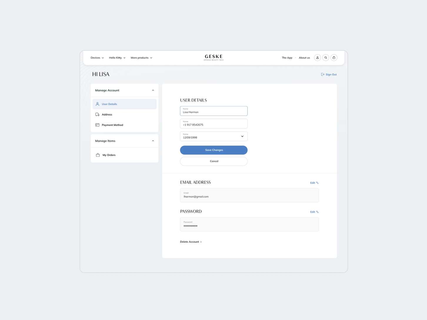 A minimalist user account dashboard interface layout showcasing input fields and edit modules for personal data management.