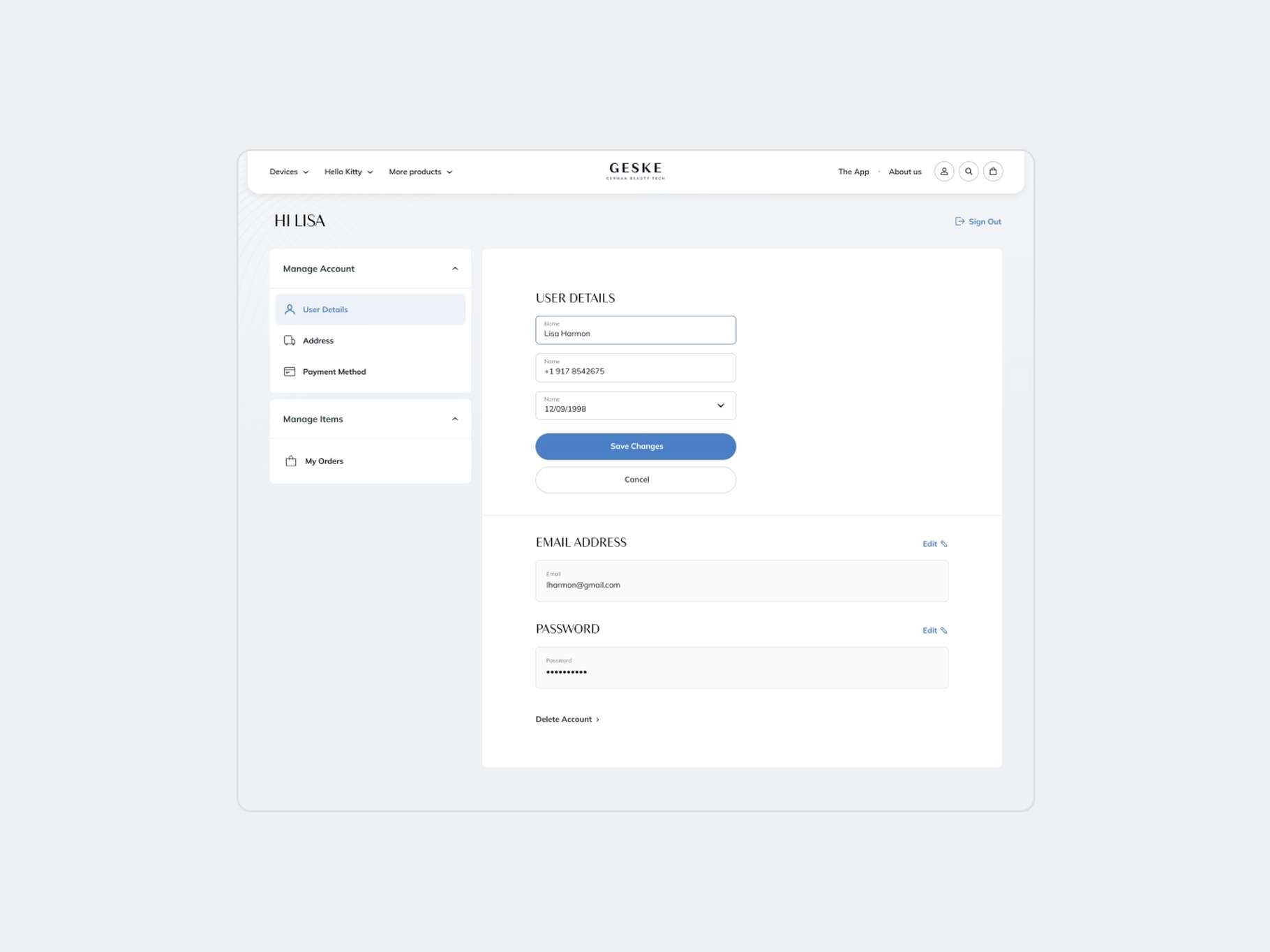 A minimalist user account dashboard interface layout showcasing input fields and edit modules for personal data management.