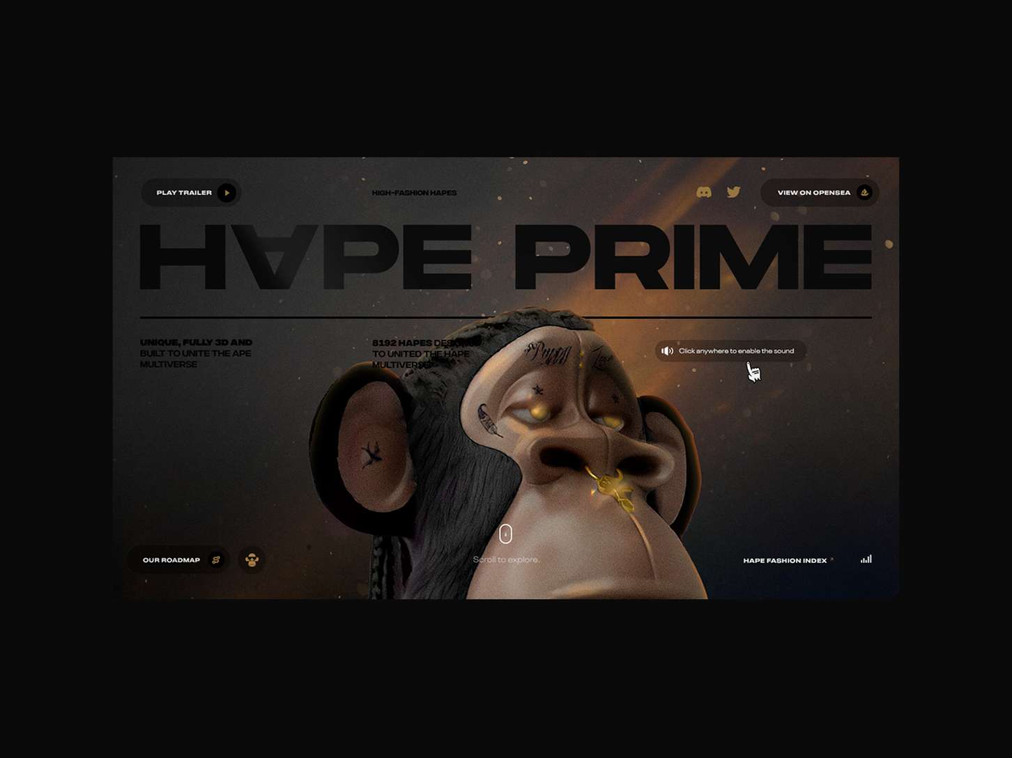 A digital artwork featuring an anthropomorphic ape with tattoos and piercings, promoting Hape Prime, with options to play a trailer and explore more.