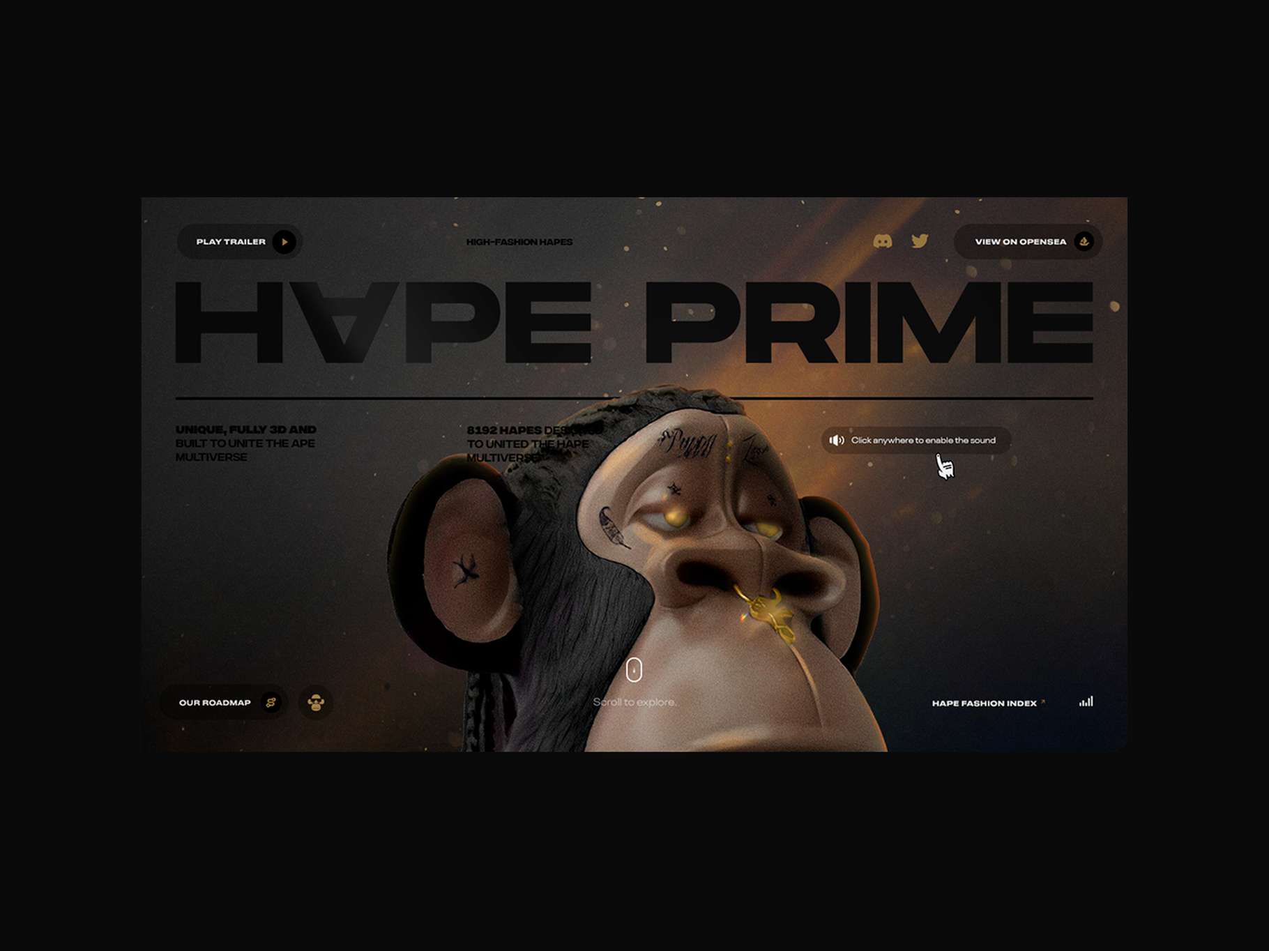 A digital artwork featuring an anthropomorphic ape with tattoos and piercings, promoting Hape Prime, with options to play a trailer and explore more.