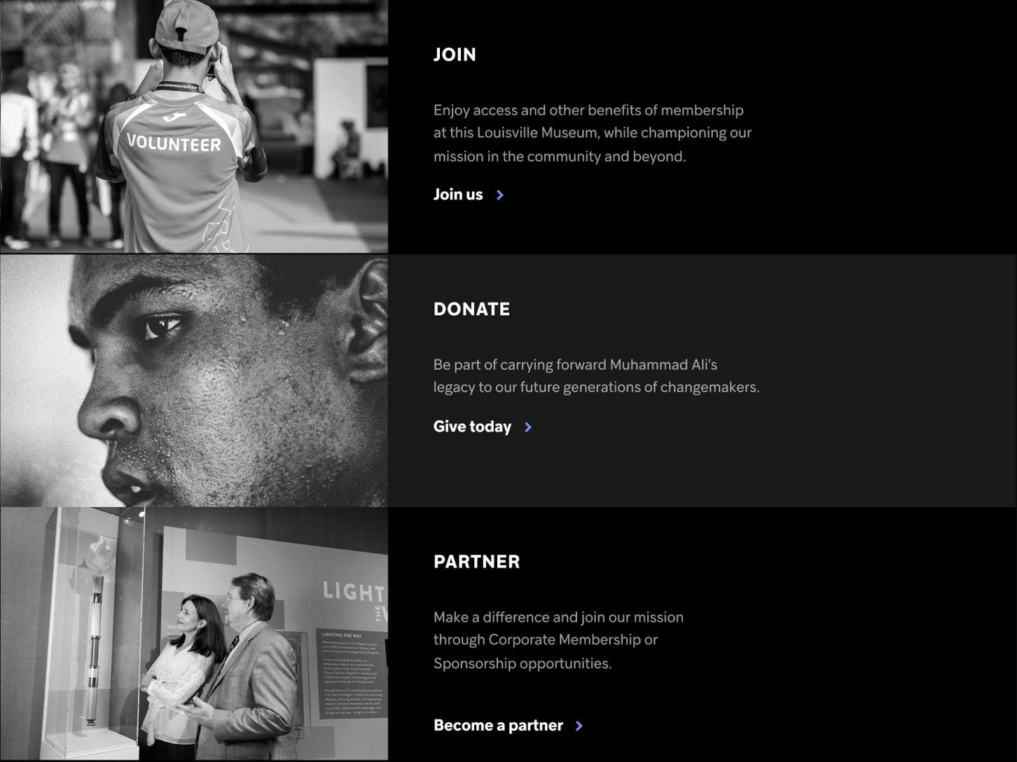 Website vertical landing page module showcasing high-contrast call-to-action blocks, minimalist editorial descriptions, and active arrow link indicators.
