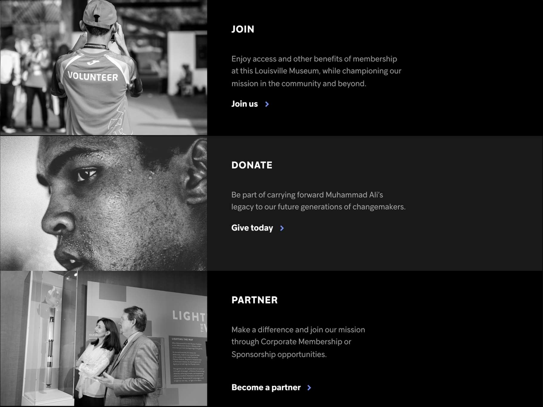 Website vertical landing page module showcasing high-contrast call-to-action blocks, minimalist editorial descriptions, and active arrow link indicators.