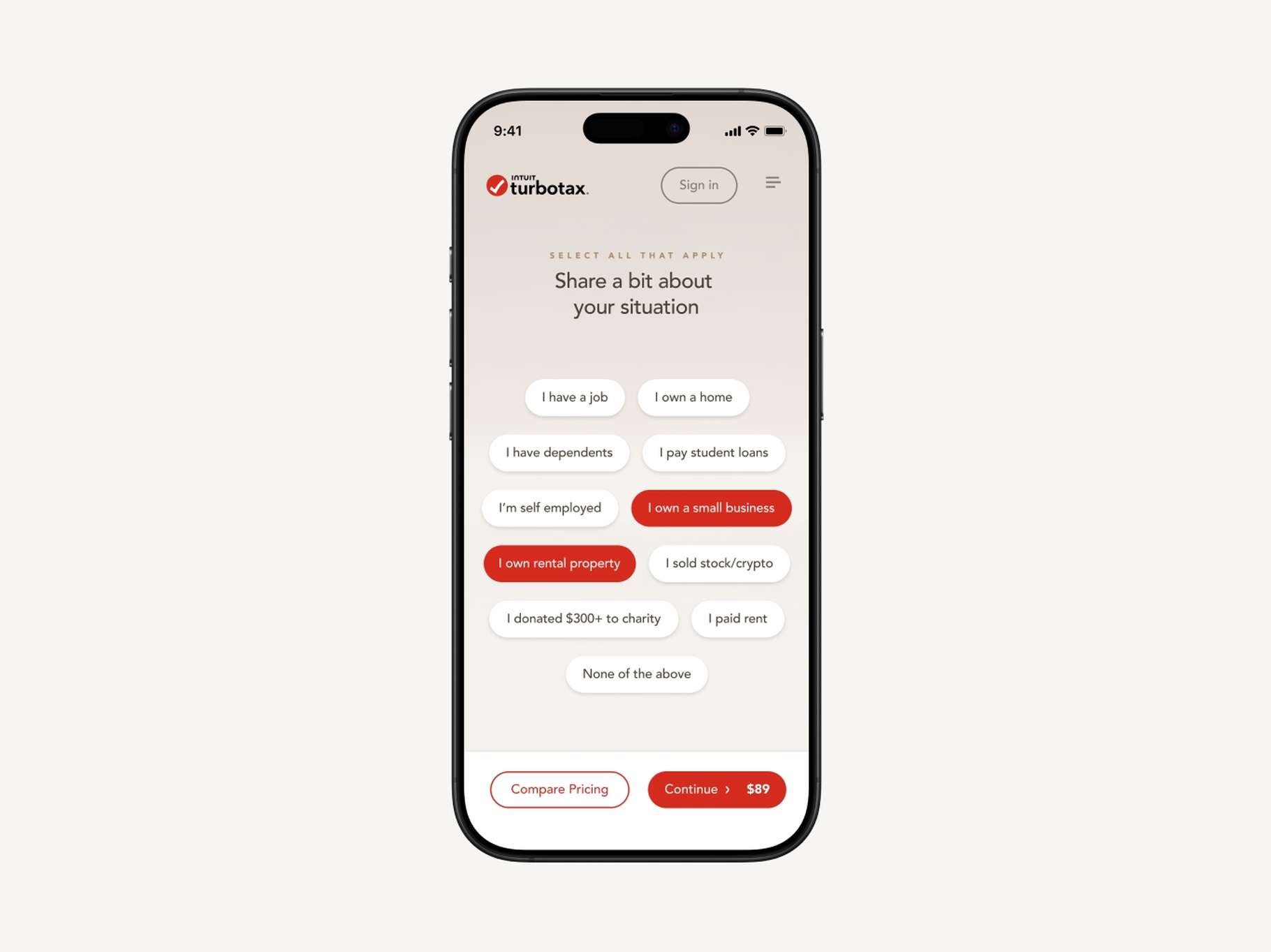 A mobile application UI layout featuring an interactive multi-select pill grid for surveying user status, complete with bottom action buttons.