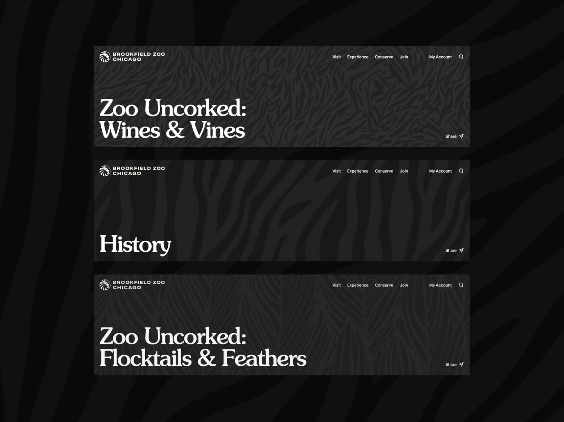 Graphic branding showcase displaying three web banner layouts with distinct typography treatments over textured, dark vector animal print backdrops.