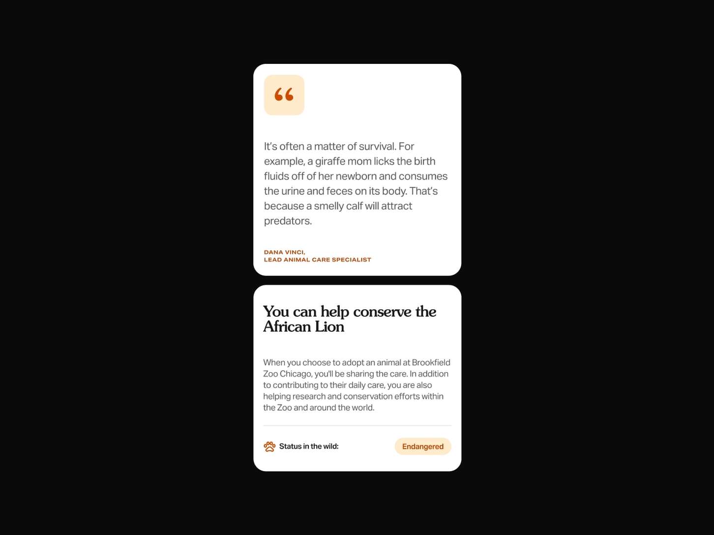 Minimalist layout components showing an editorial pull-quote card and an animal adoption call-to-action block featuring a wildlife status pill indicator.