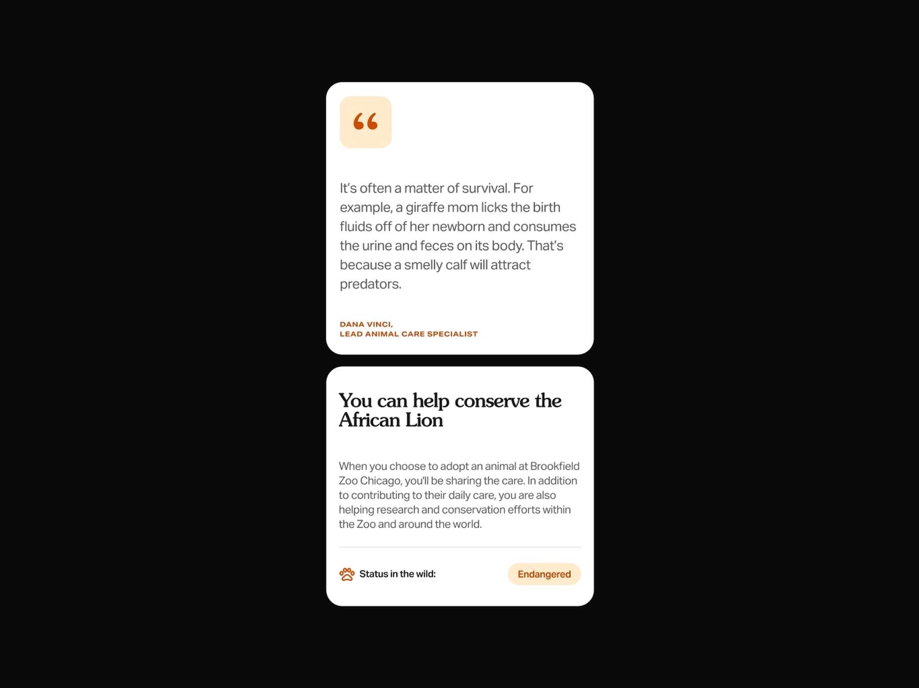 Minimalist layout components showing an editorial pull-quote card and an animal adoption call-to-action block featuring a wildlife status pill indicator.