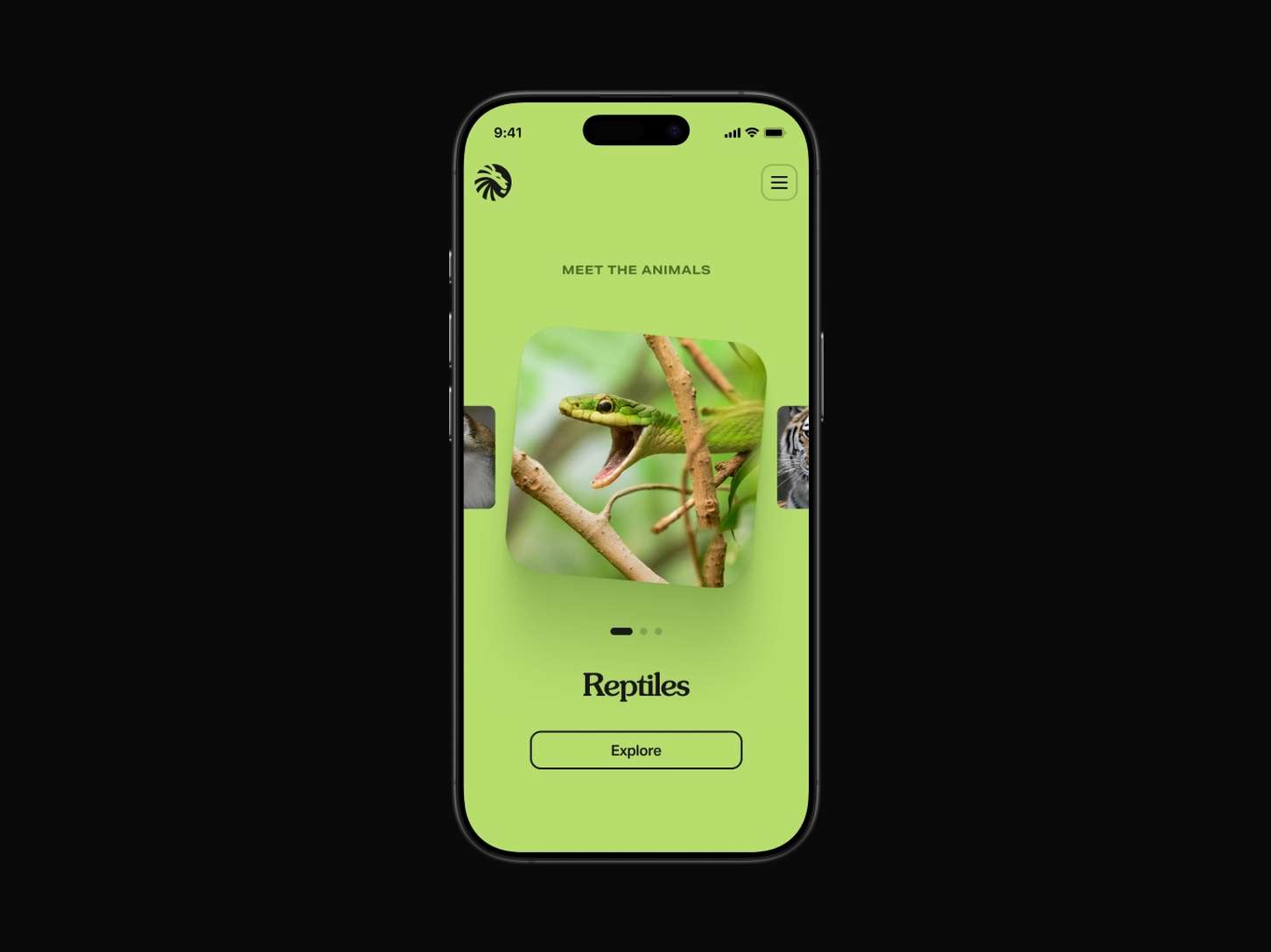 Mobile app UI design displaying a minimalist animal category slider screen layout utilizing bright pastel green blocks and rounded image cards.