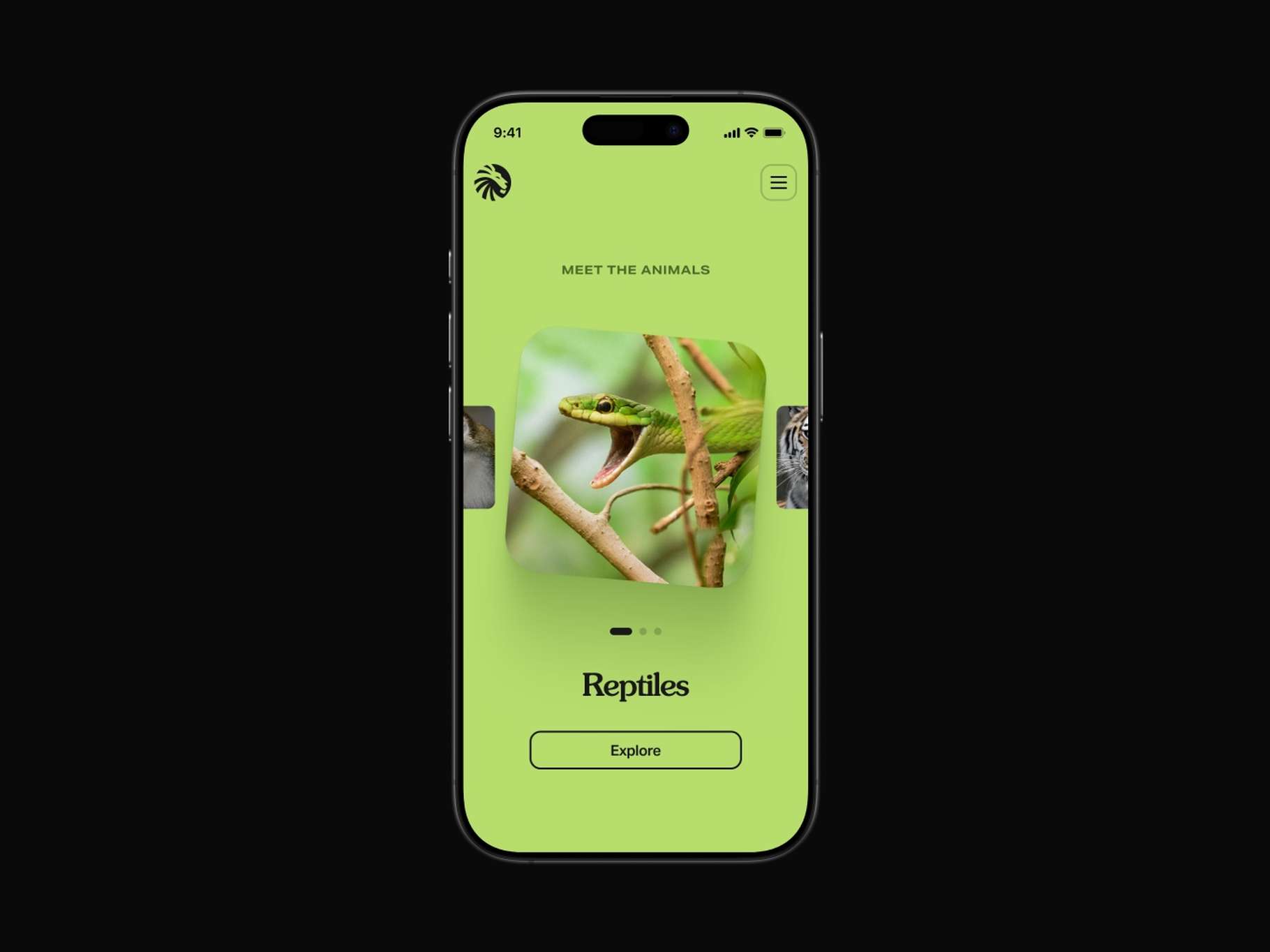 Mobile app UI design displaying a minimalist animal category slider screen layout utilizing bright pastel green blocks and rounded image cards.