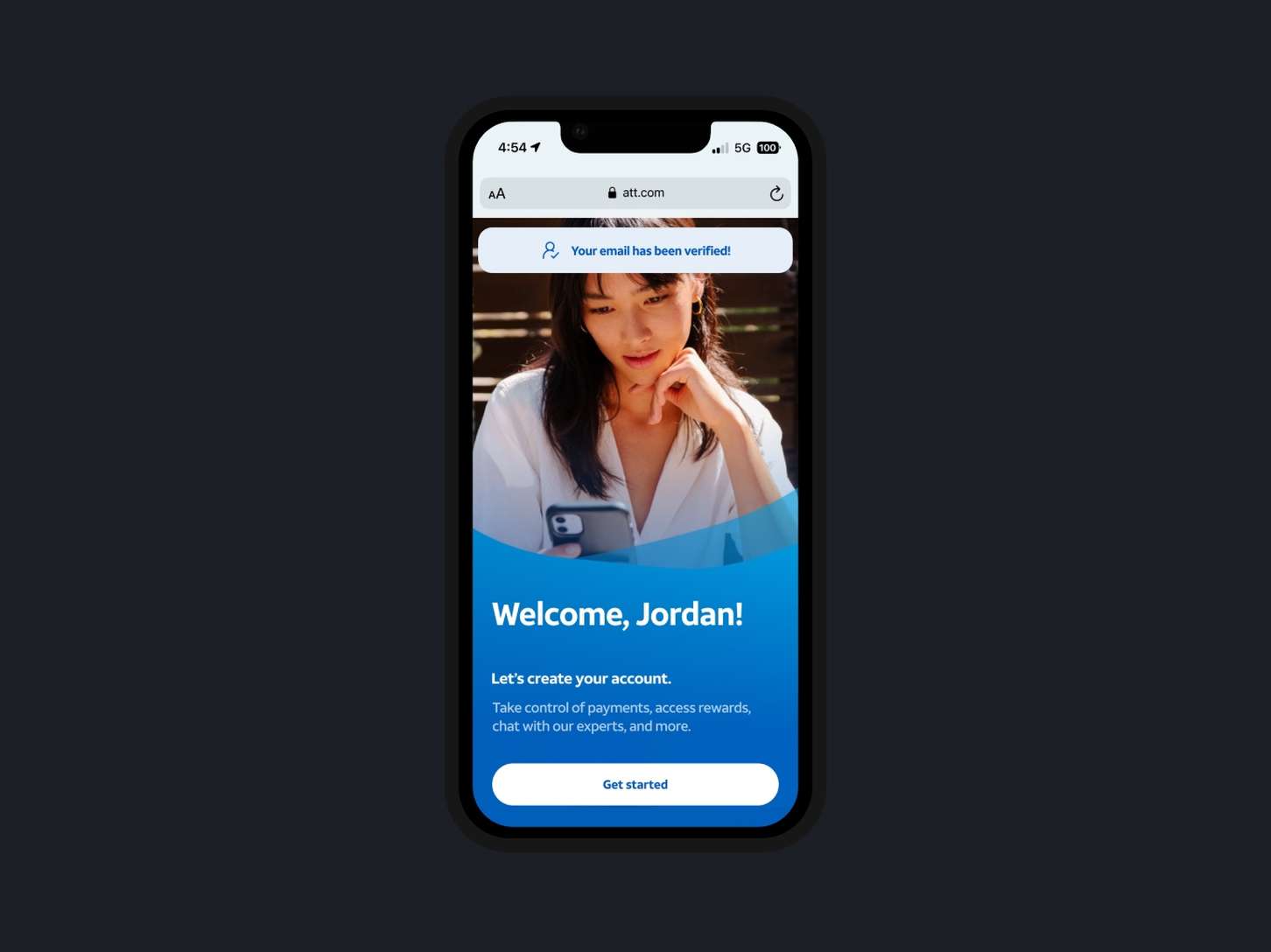 Onboarding verification app screen design displaying a successful email confirmation tag over a lifestyle profile portrait and a primary action button.