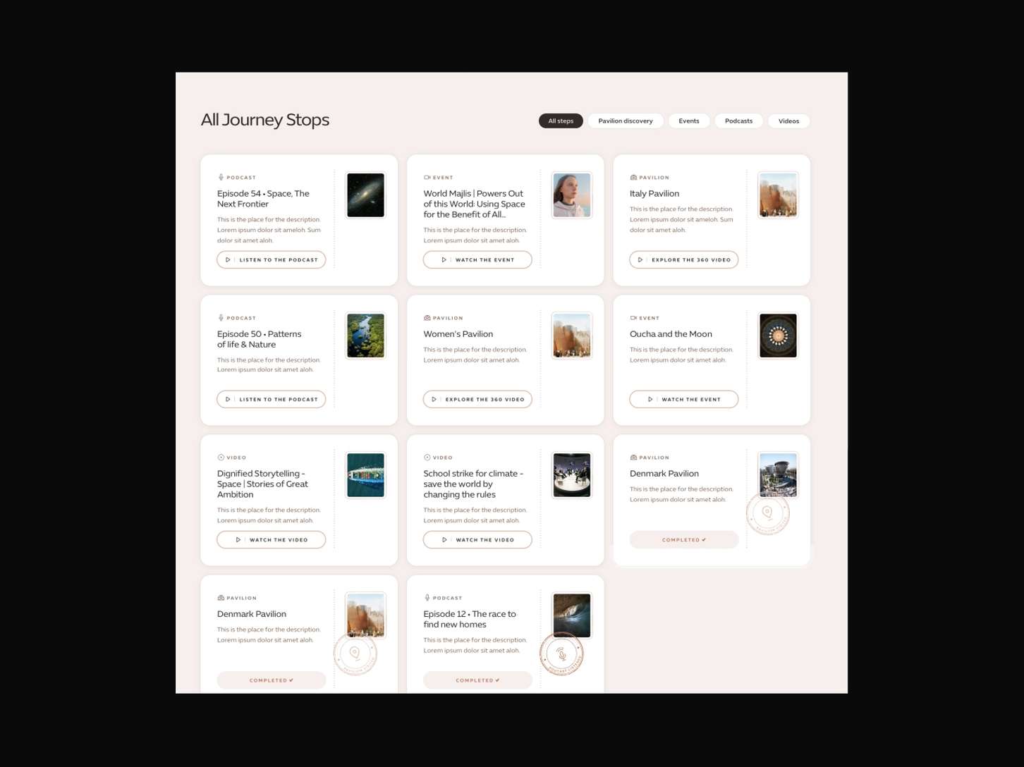 A comprehensive multi-format card grid layout for an interactive tour, organizing podcasts, videos, and completed location checks with distinct call-to-action buttons.