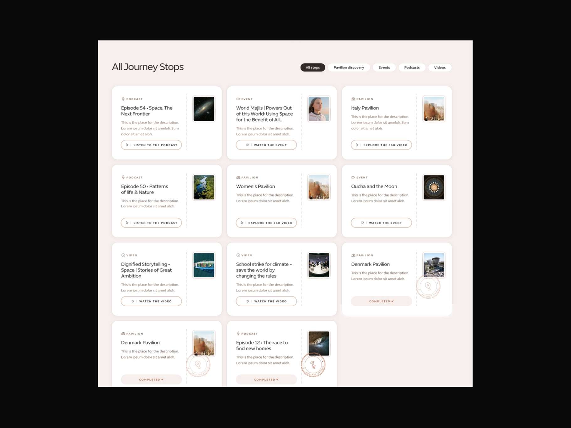 A comprehensive multi-format card grid layout for an interactive tour, organizing podcasts, videos, and completed location checks with distinct call-to-action buttons.