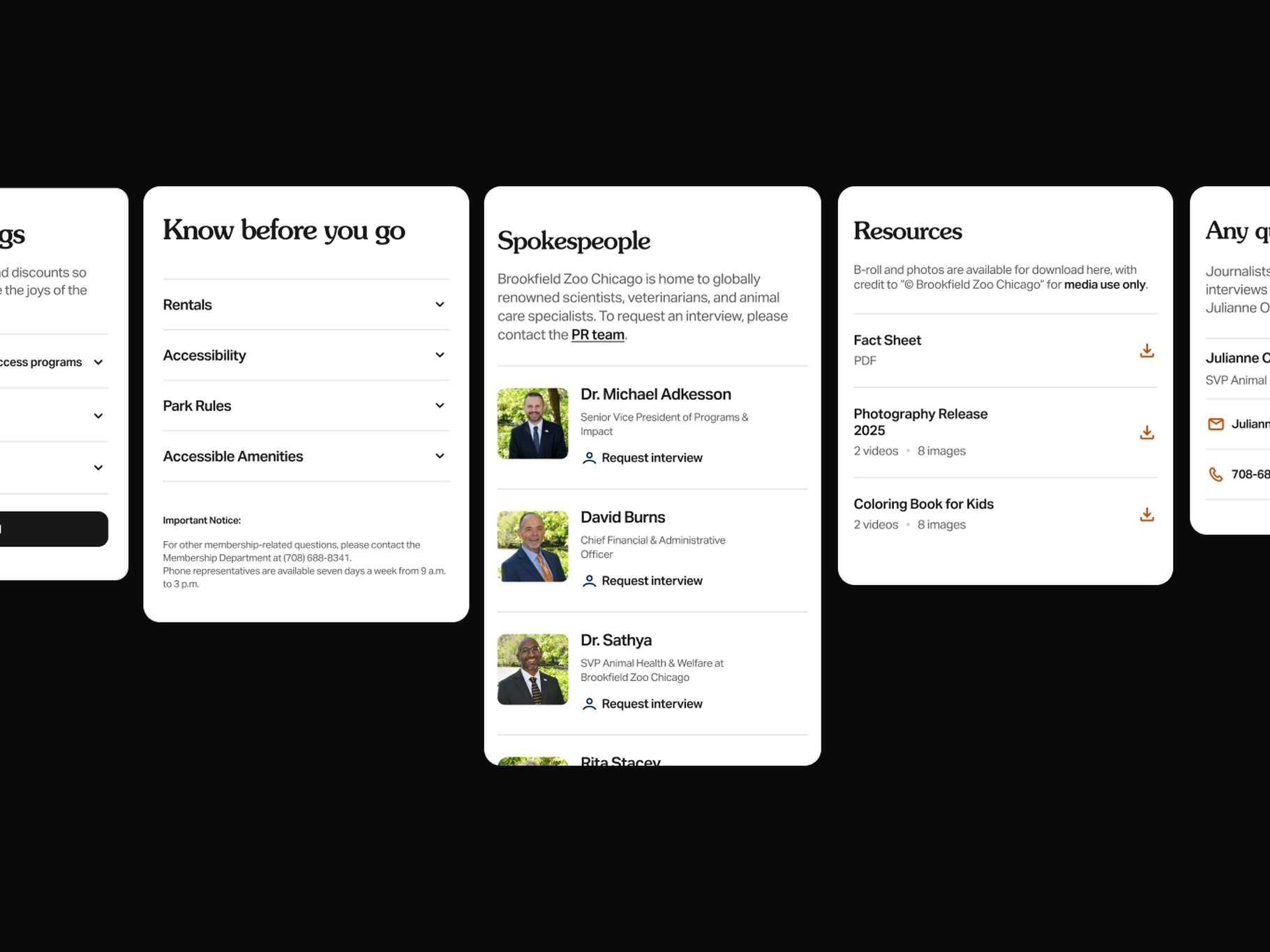 A modular layout presentation showing separate web interface content blocks for institutional guidelines, media contacts, and downloadable fact sheets.