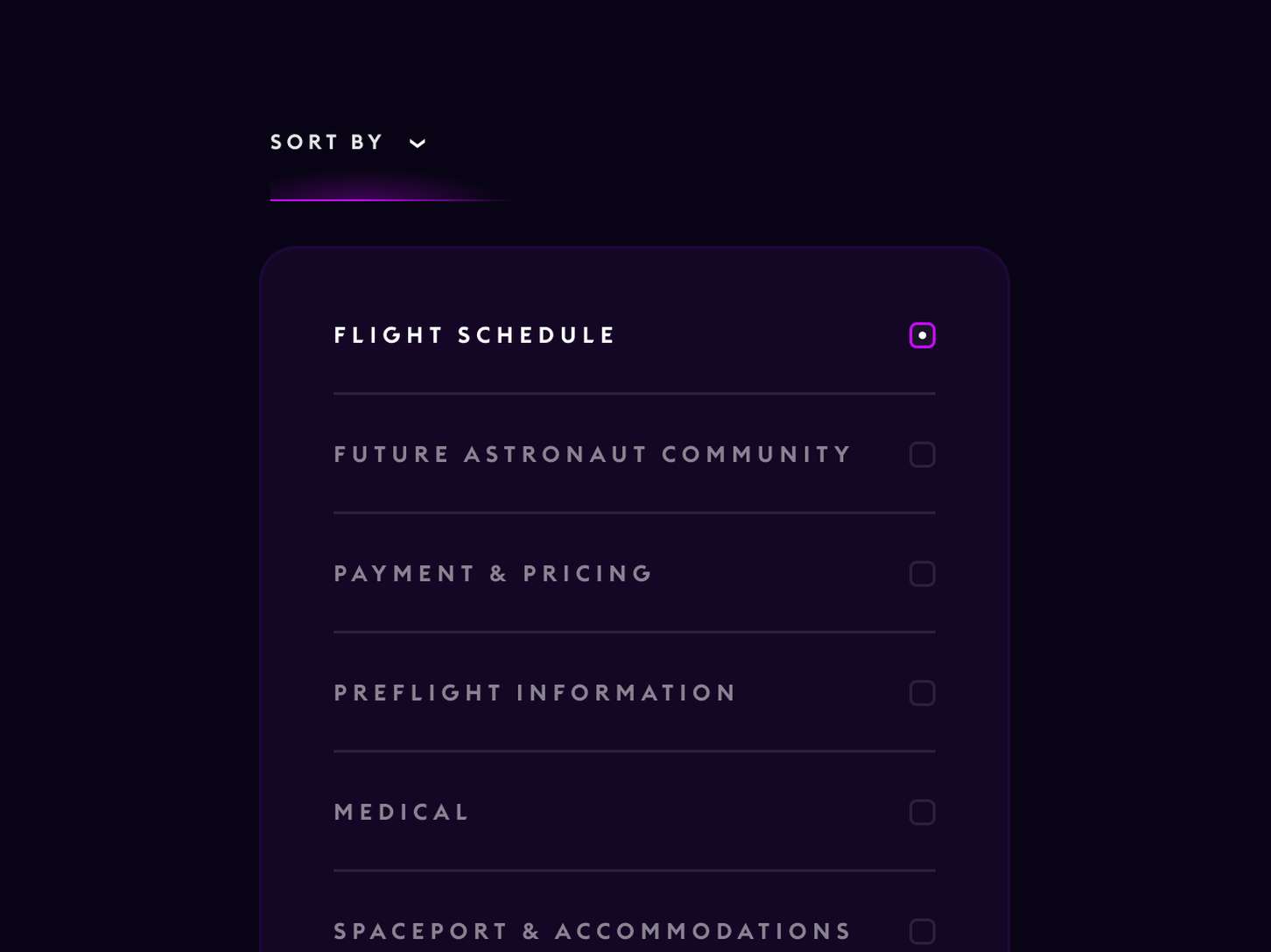 Purple-themed menu with options: Flight Schedule, Future Astronaut Community, Payment & Pricing, Preflight Information, Medical, Spaceport & Accommodations.