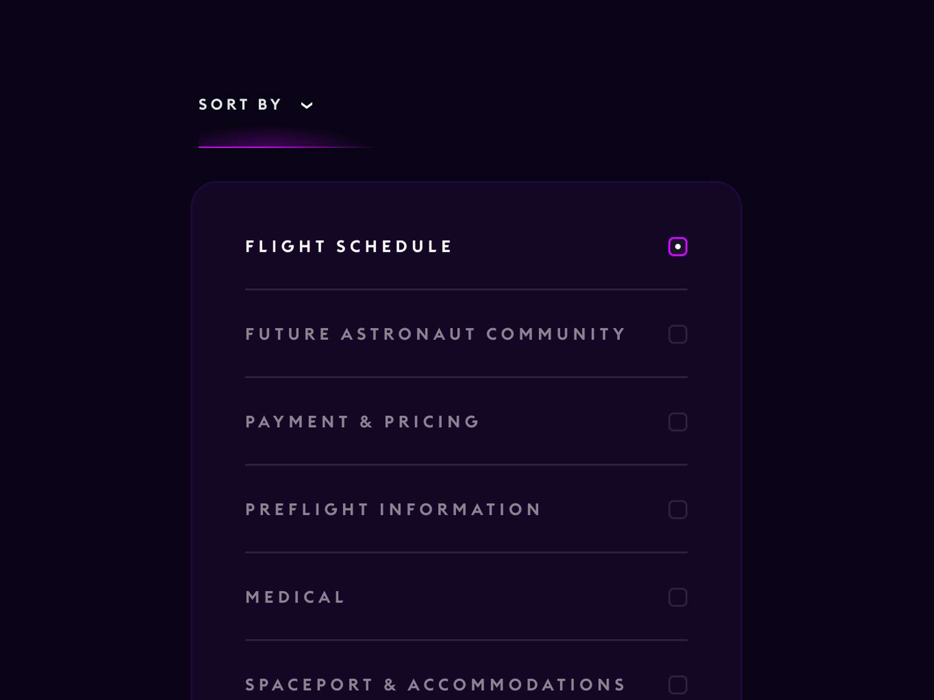 Purple-themed menu with options: Flight Schedule, Future Astronaut Community, Payment & Pricing, Preflight Information, Medical, Spaceport & Accommodations.